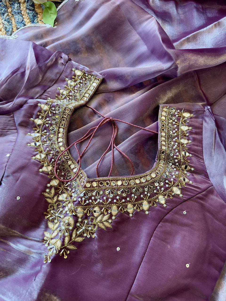 Lavender Jimmy Choo Silk Saree with Cut-Work & Hand-Embroidered Blouse