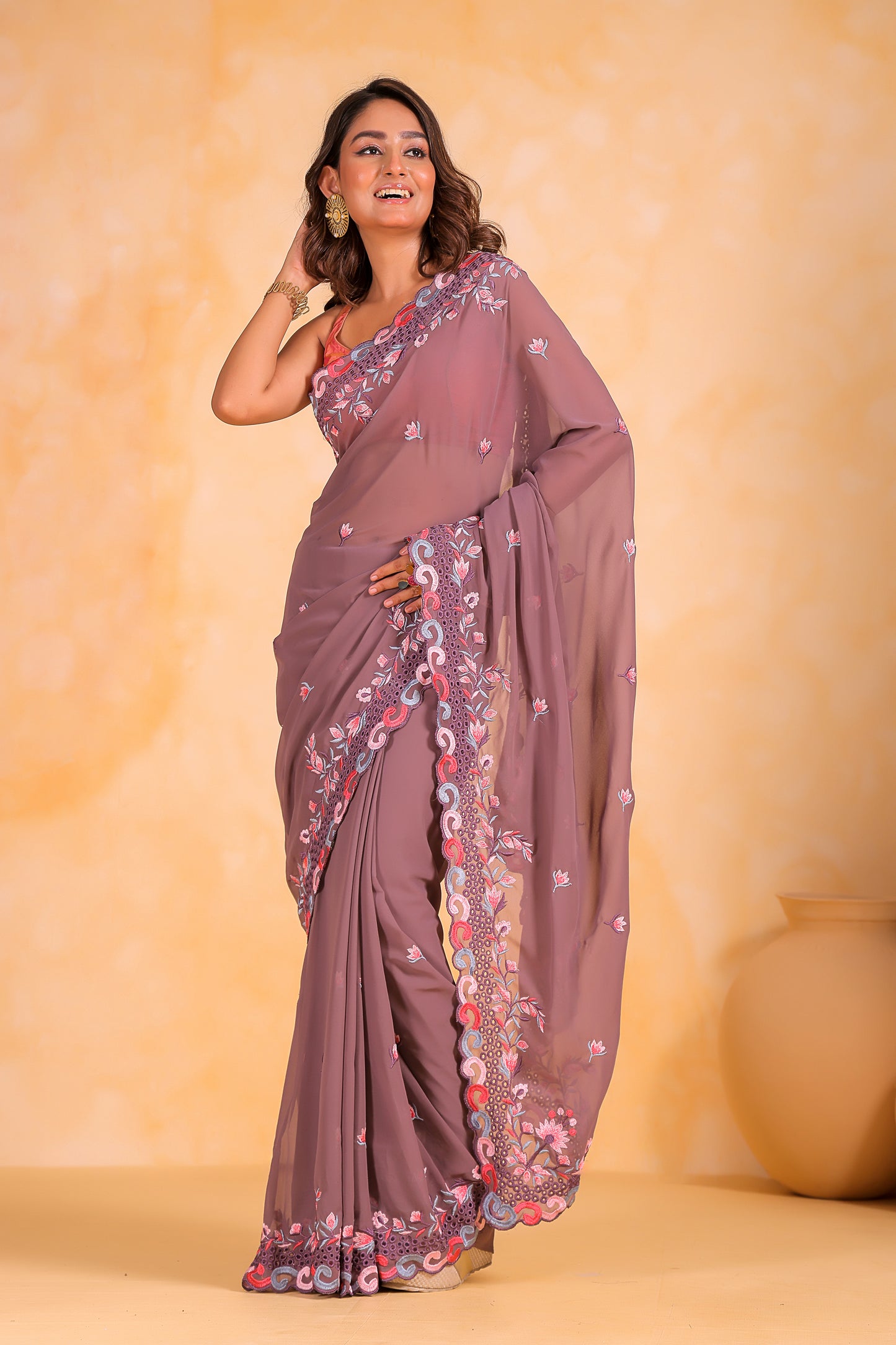 Hand-Embroidered Lavender Georgette-Silk Saree with Blouse