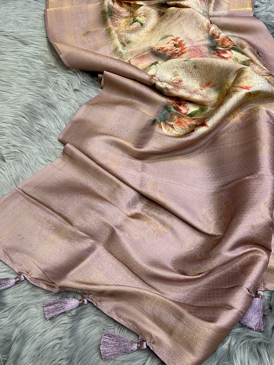 Handloom Lavender-Golden Soft Banarasi Saree with Royal Tassels comes with Blouse