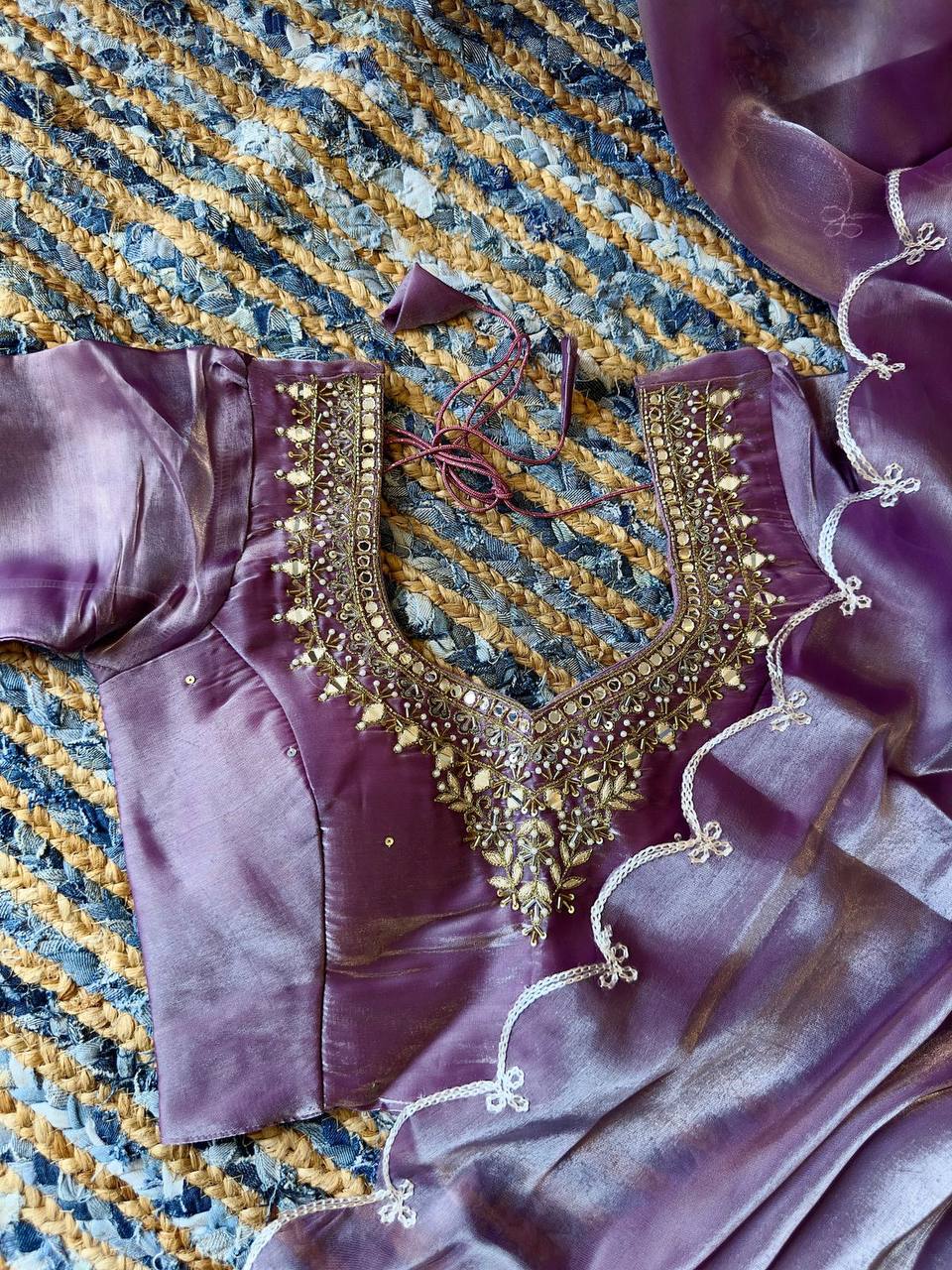 Lavender Jimmy Choo Silk Saree with Cut-Work & Hand-Embroidered Blouse