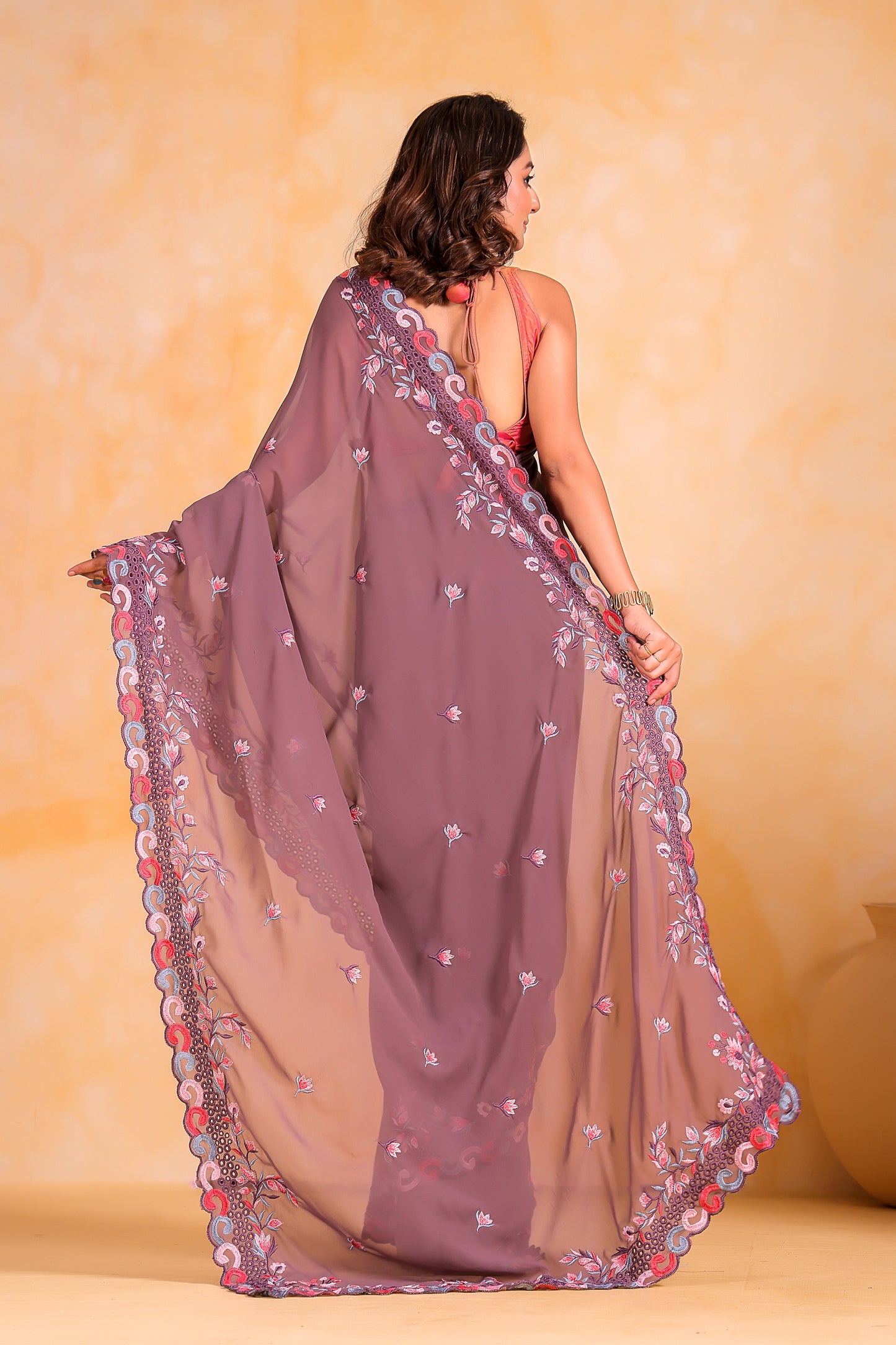 Hand-Embroidered Lavender Georgette-Silk Saree with Blouse
