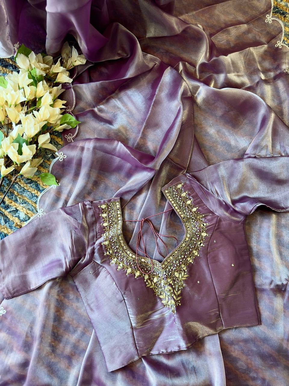 Lavender Jimmy Choo Silk Saree with Cut-Work & Hand-Embroidered Blouse