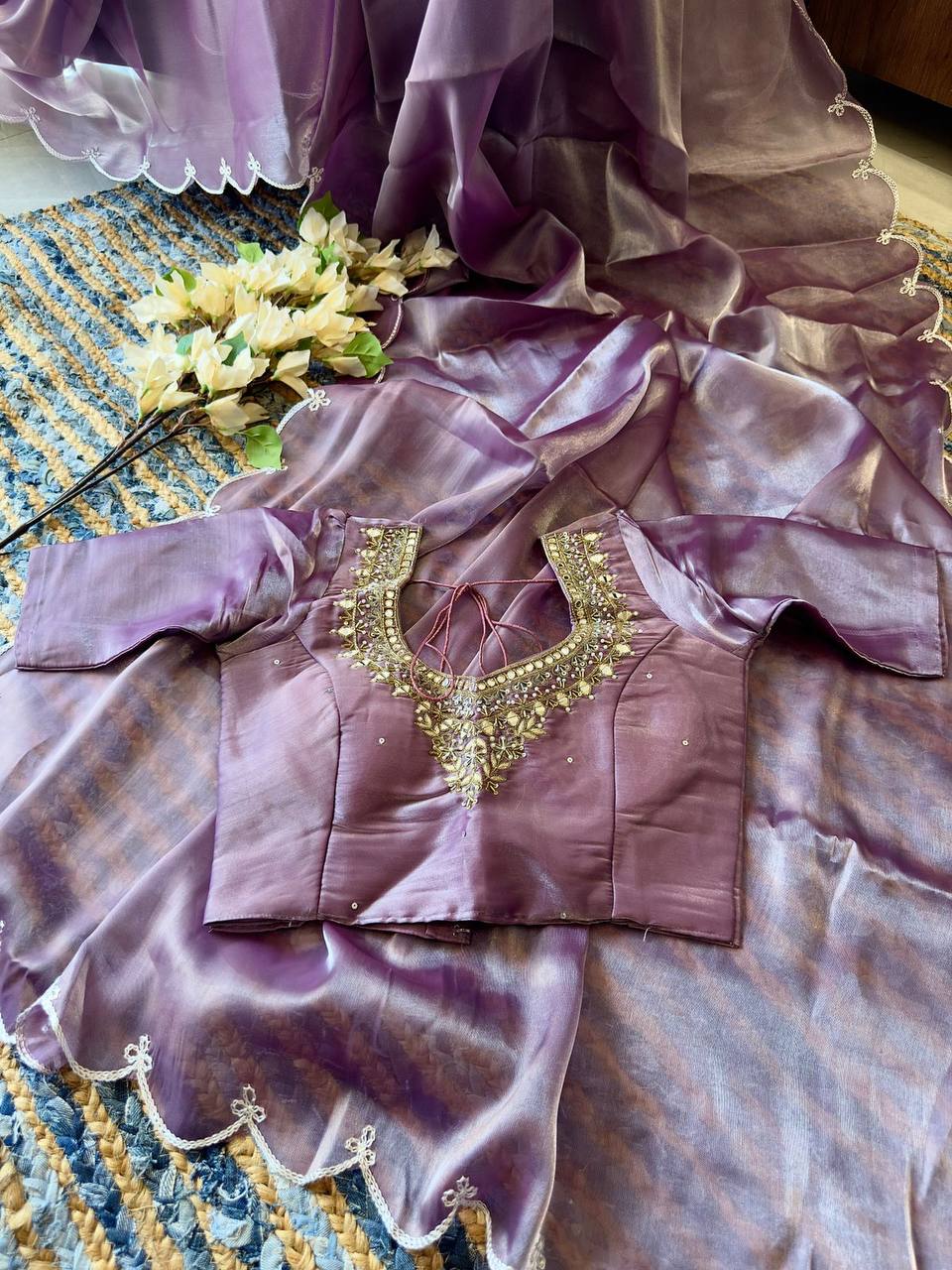 Lavender Jimmy Choo Silk Saree with Cut-Work & Hand-Embroidered Blouse