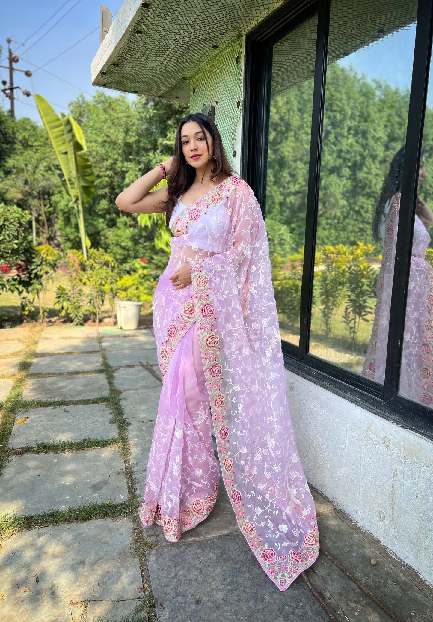 Hand-Embroidered Lavender Pure Organza Silk Saree