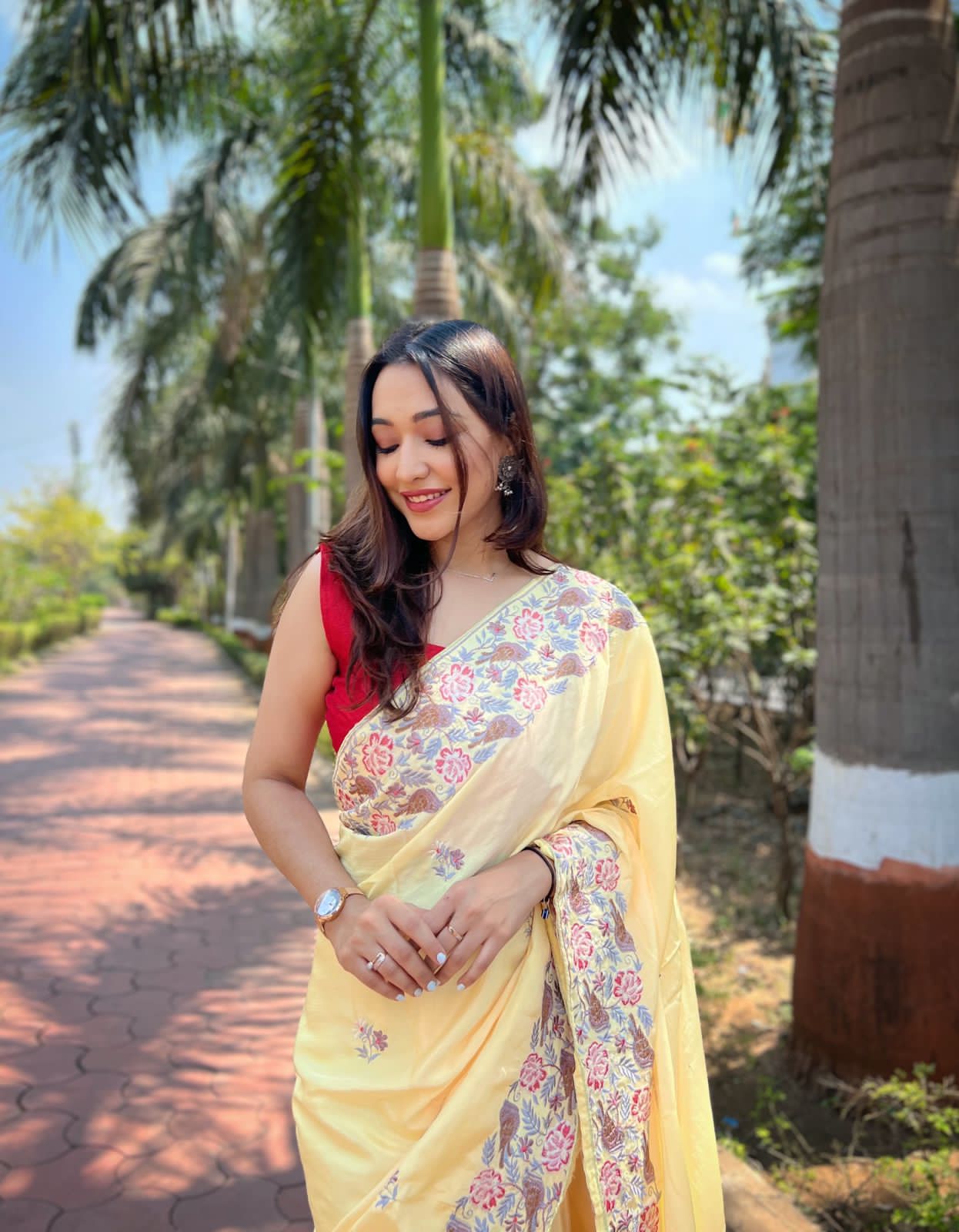 Hand-Embroidered Light-Yellow Pure Shimmer Slub Silk Saree with Blouse