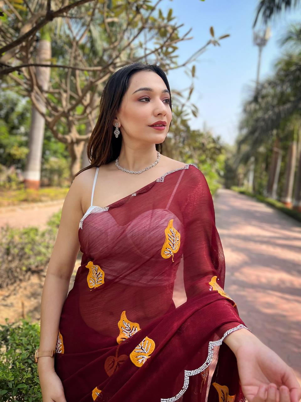 Maroon Foil-Chiffon Saree with Digital-Print & Hand Cut-Work Border with blouse