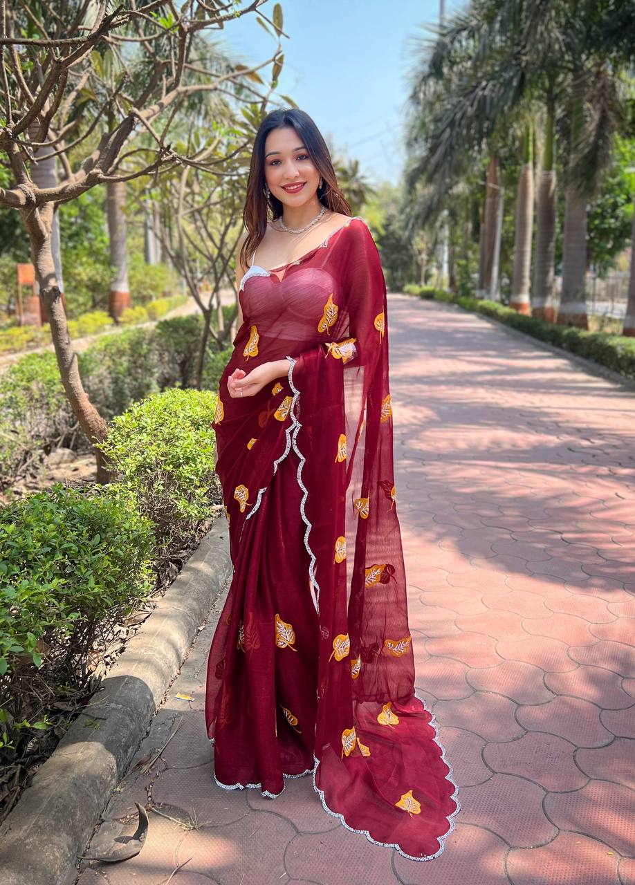 Maroon Foil-Chiffon Saree with Digital-Print & Hand Cut-Work Border with blouse