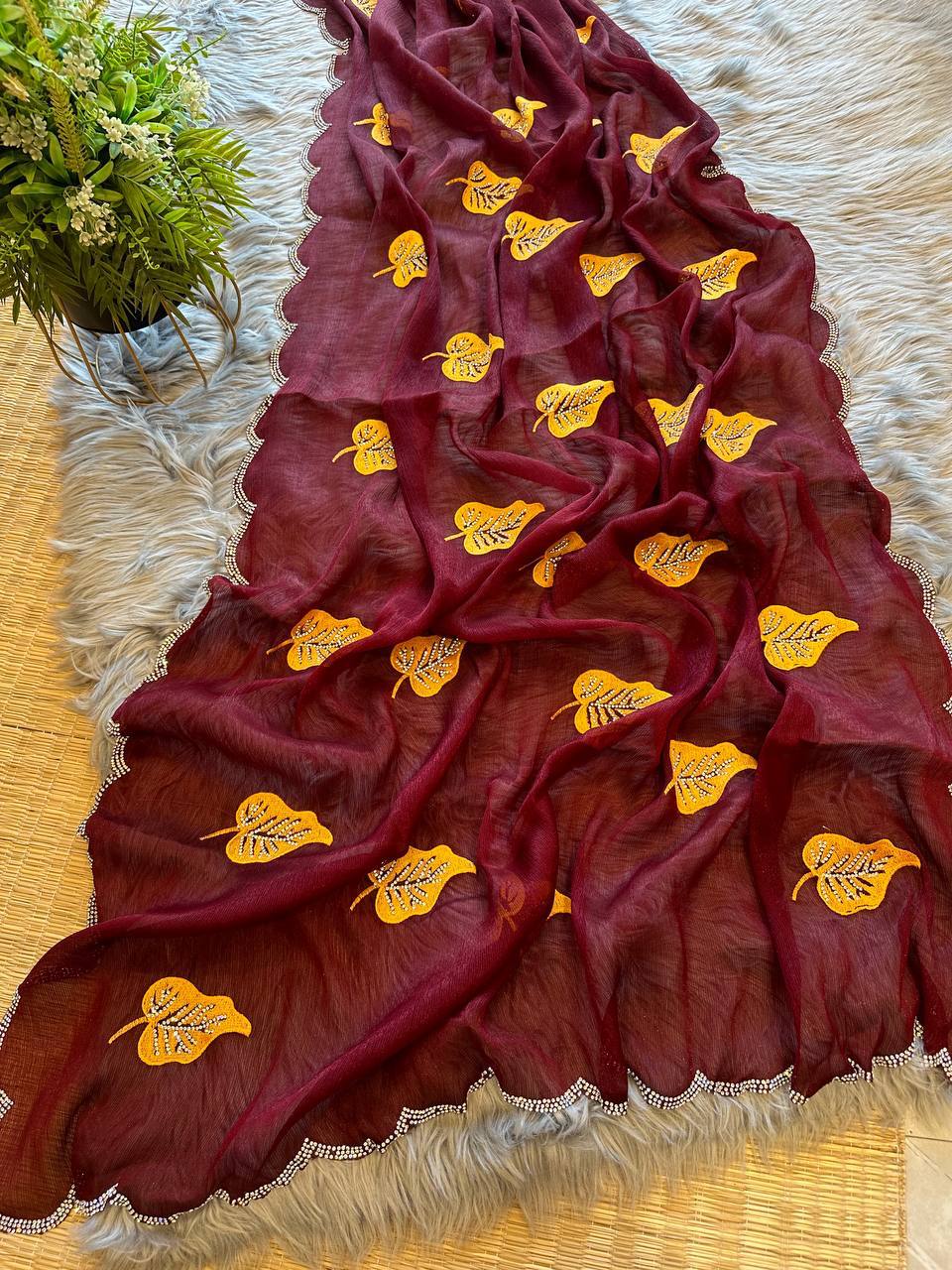 Maroon Foil-Chiffon Saree with Digital-Print & Hand Cut-Work Border with blouse