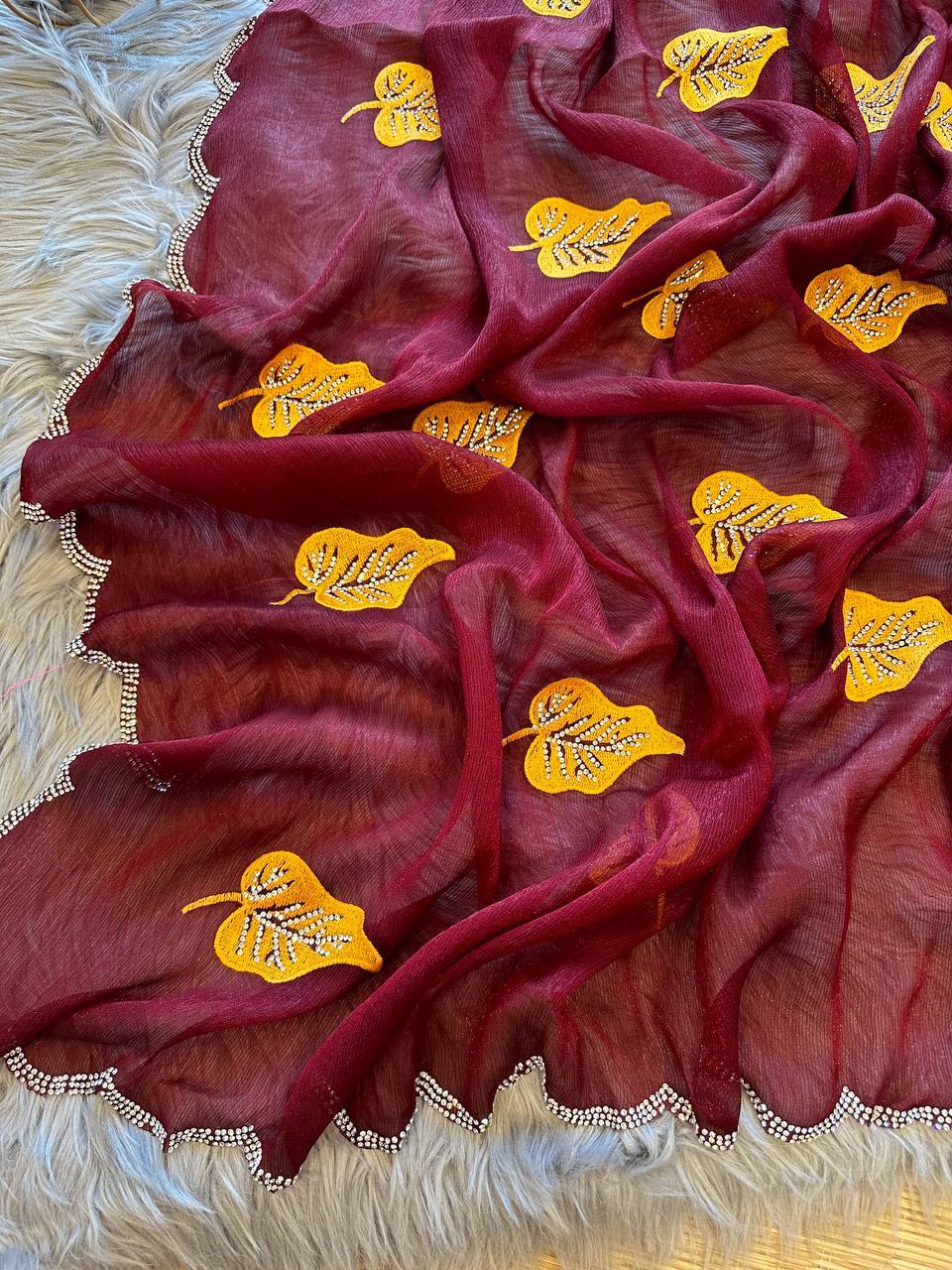 Maroon Foil-Chiffon Saree with Digital-Print & Hand Cut-Work Border with blouse