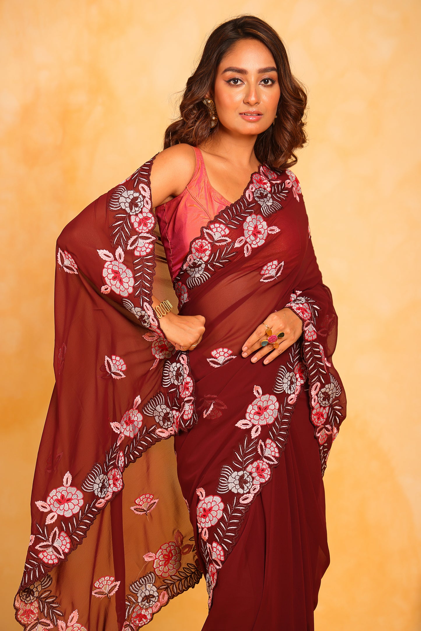 Hand-Embroidered Maroon Georgette-Silk saree with Blouse