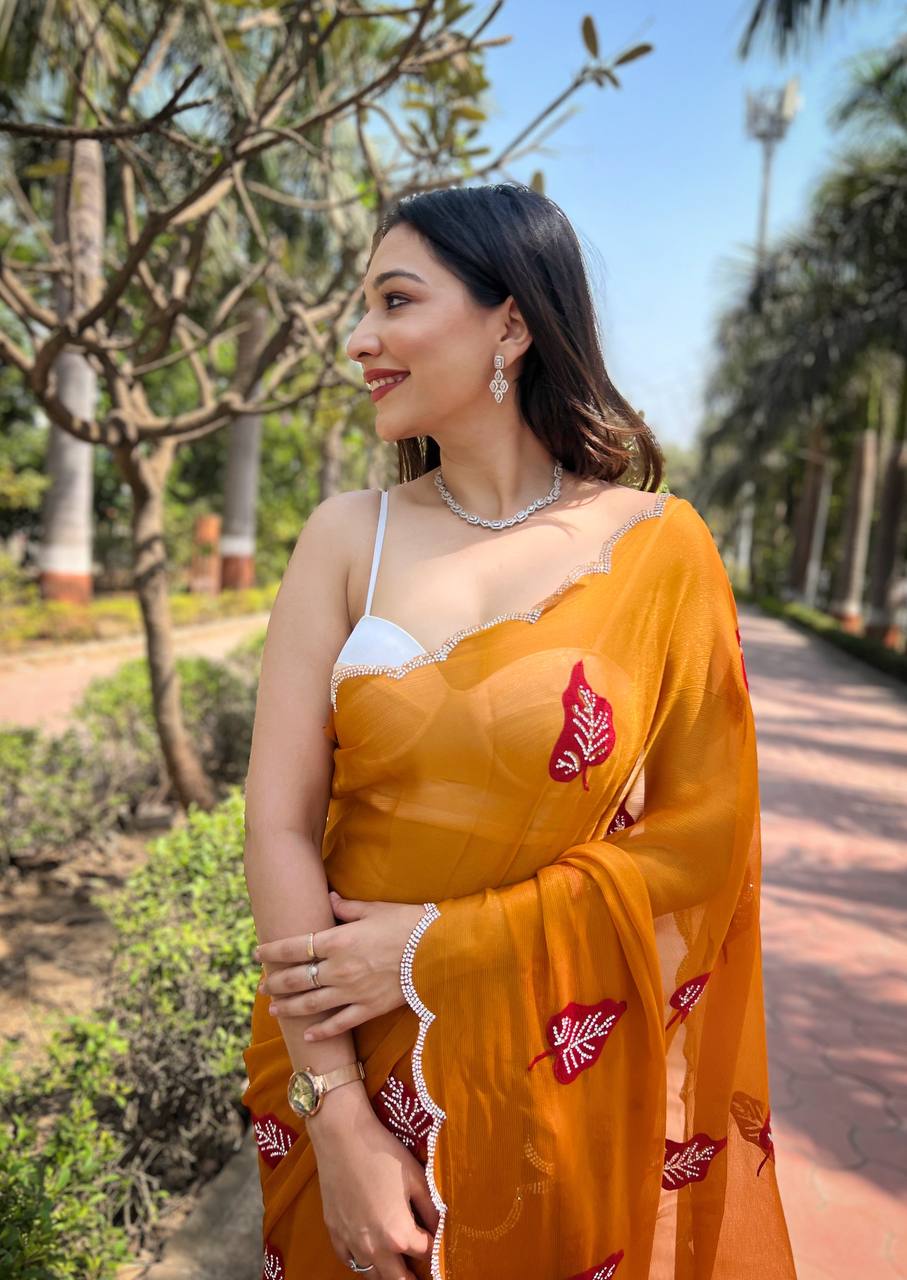 Mustard Foil-Chiffon Saree with Digital-Print & Hand Cut-Work Border with blouse
