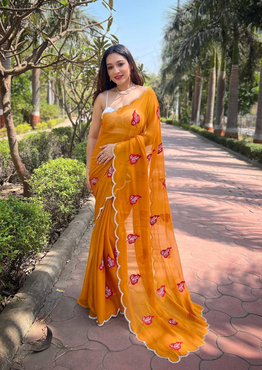Mustard Foil-Chiffon Saree with Digital-Print & Hand Cut-Work Border with blouse