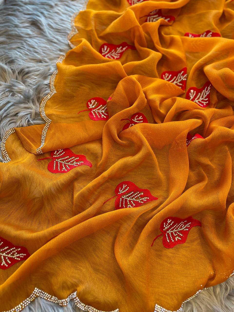 Mustard Foil-Chiffon Saree with Digital-Print & Hand Cut-Work Border with blouse