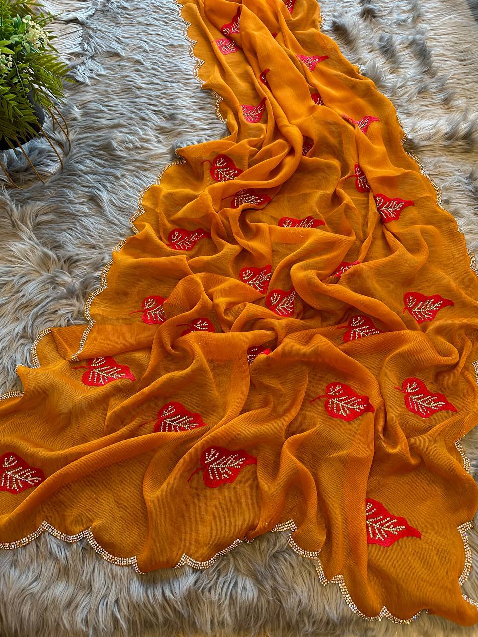 Mustard Foil-Chiffon Saree with Digital-Print & Hand Cut-Work Border with blouse