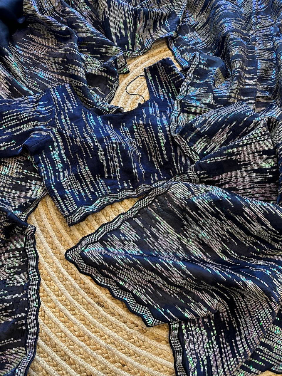 Hand-Embroidered Navy-Blue Jimmy Choo Saree with Blouse
