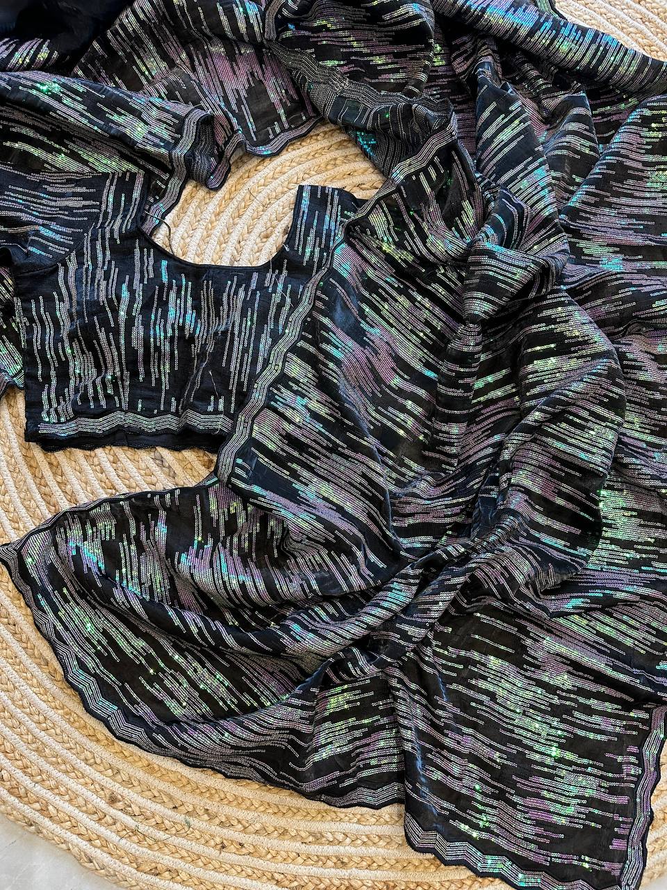 Hand-Embroidered Navy-Blue Jimmy Choo Saree with Blouse