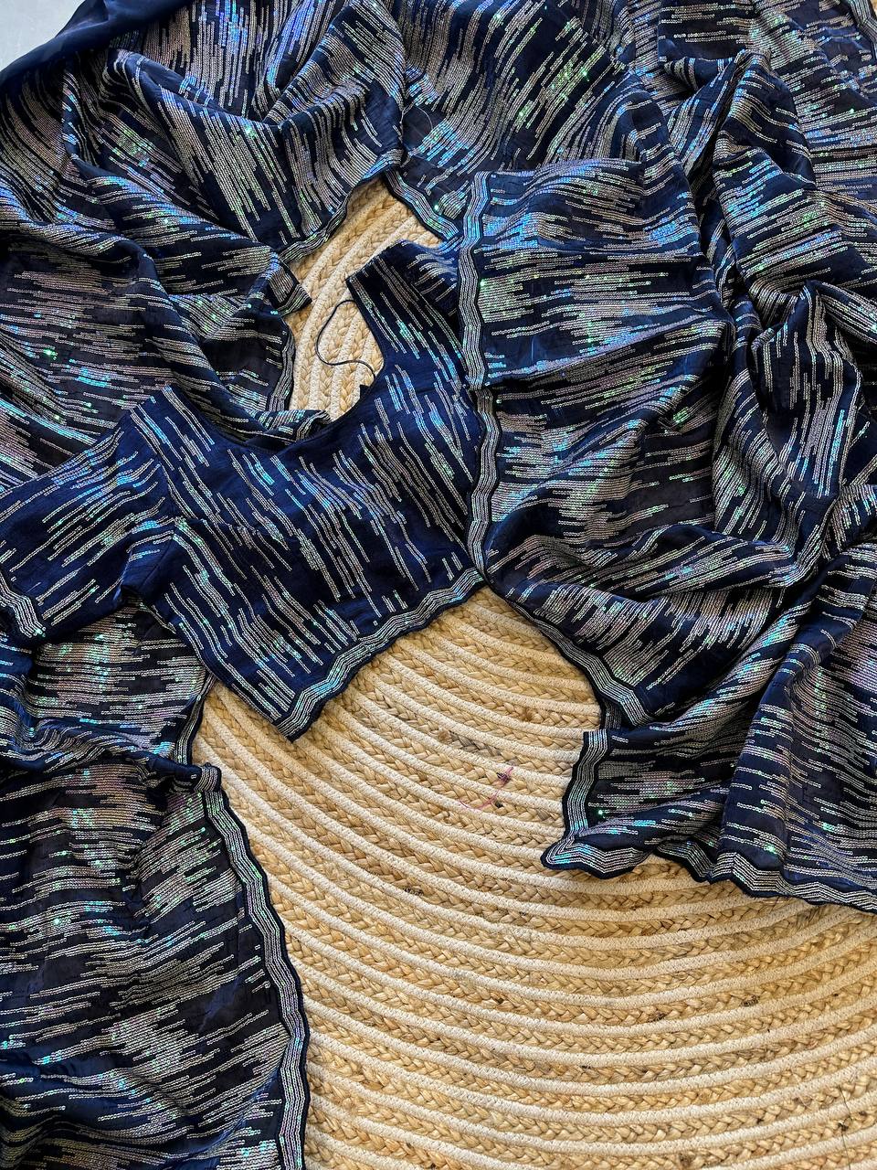 Hand-Embroidered Navy-Blue Jimmy Choo Saree with Blouse