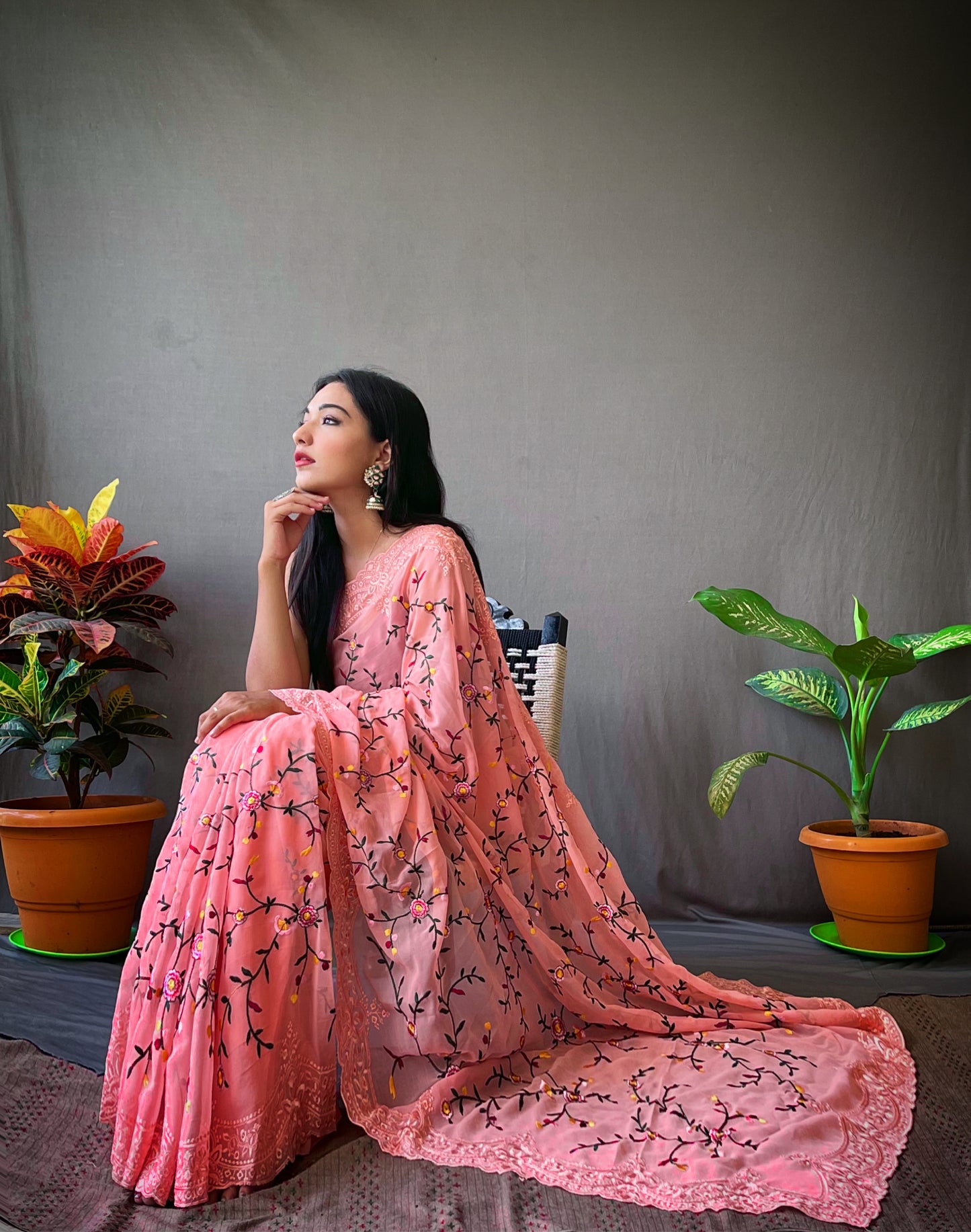 Hand-Embroidered Peach Jal-Work Pure Georgette Silk Saree with Blouse