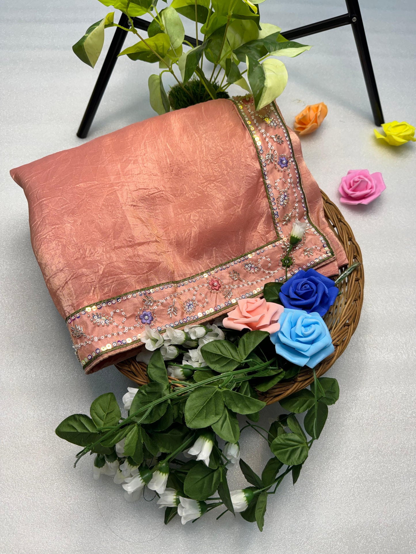 Hand-Embroidered Pure Silk Saree in Vibrant Peach Paired with a Heavily Embroidered Stitched Blouse