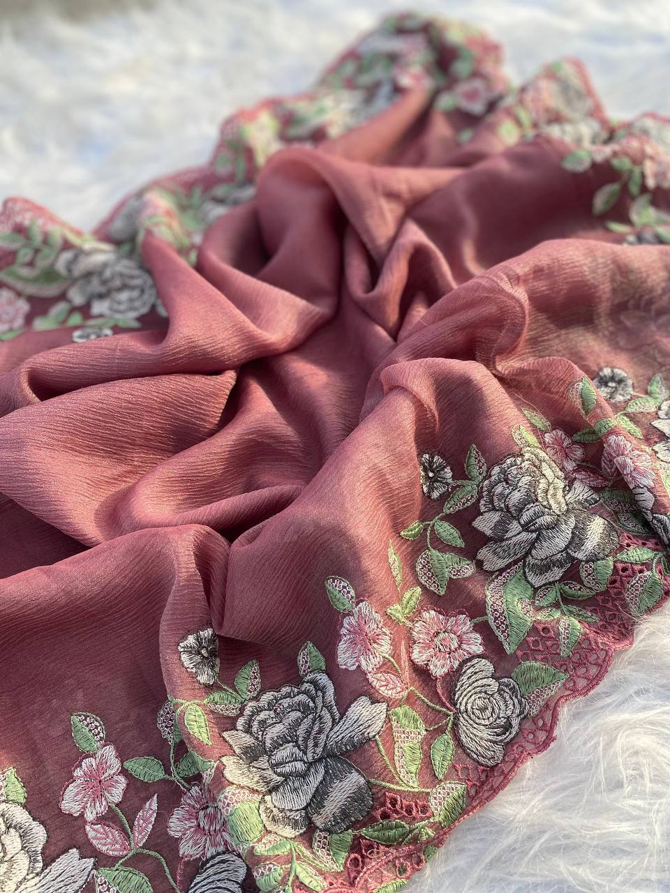 Hand Embroidered Dusty-Pink Pure Crushed-Chiffon Saree in Cut-Work paired with Blouse