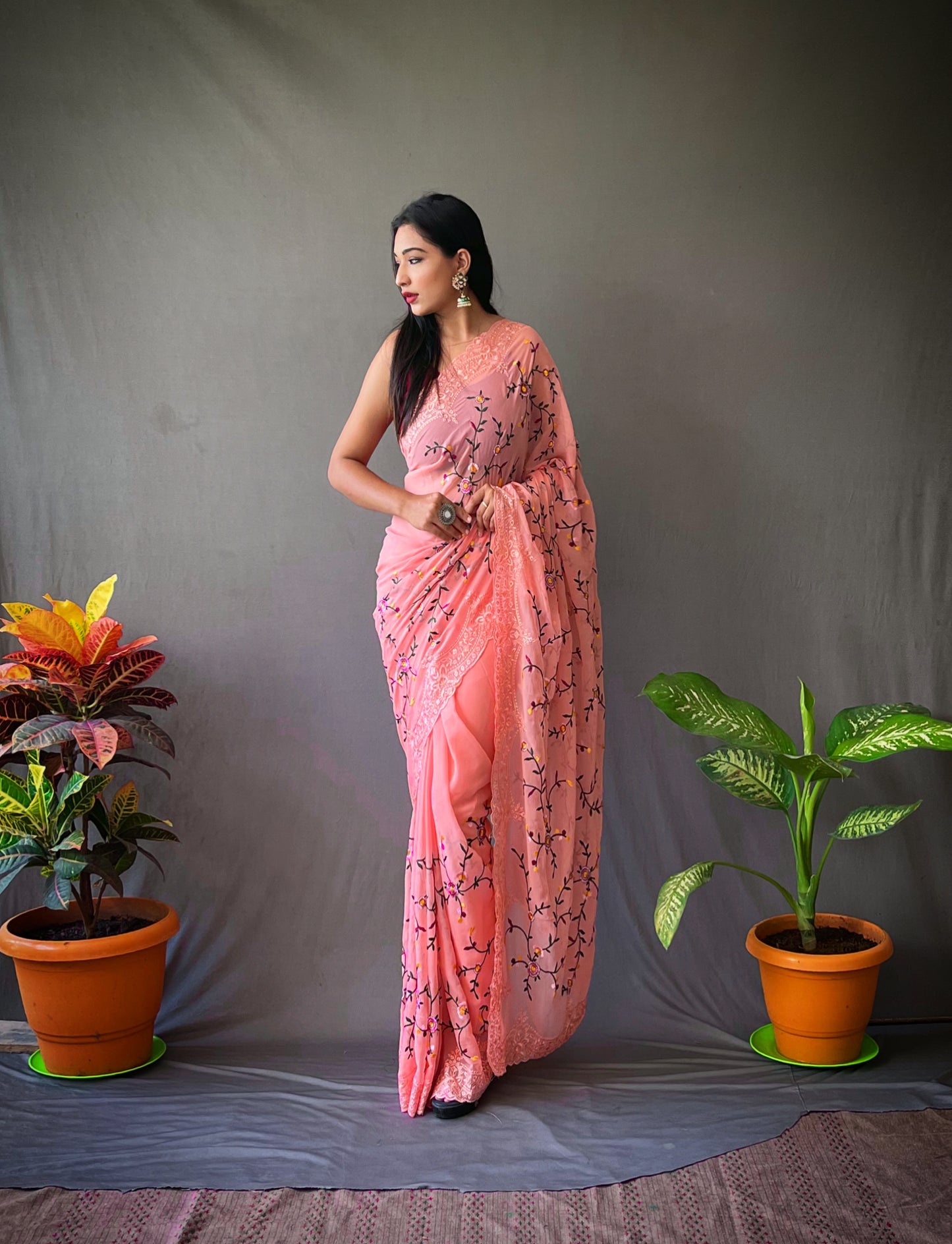 Hand-Embroidered Peach Jal-Work Pure Georgette Silk Saree with Blouse