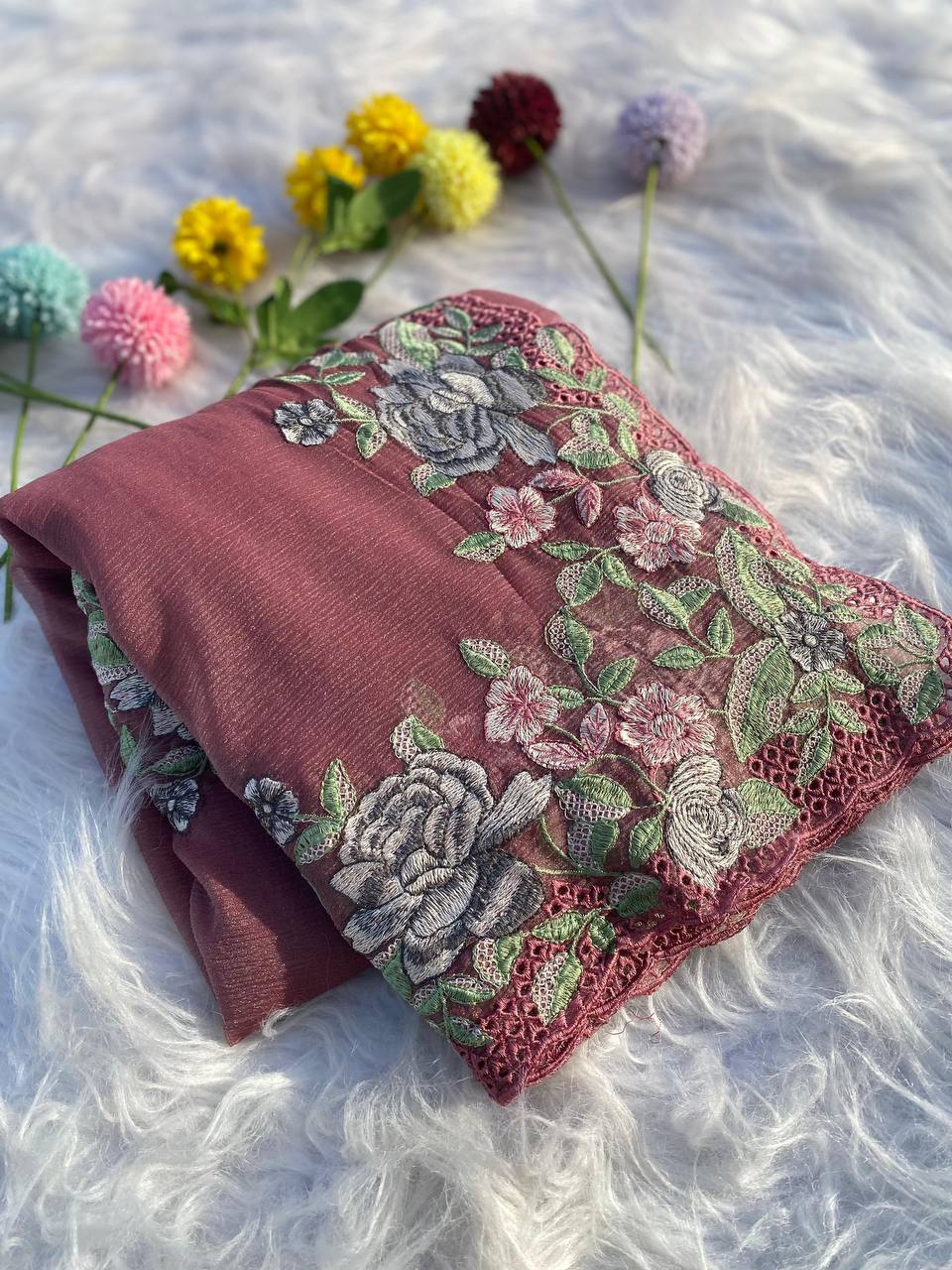 Hand Embroidered Dusty-Pink Pure Crushed-Chiffon Saree in Cut-Work paired with Blouse