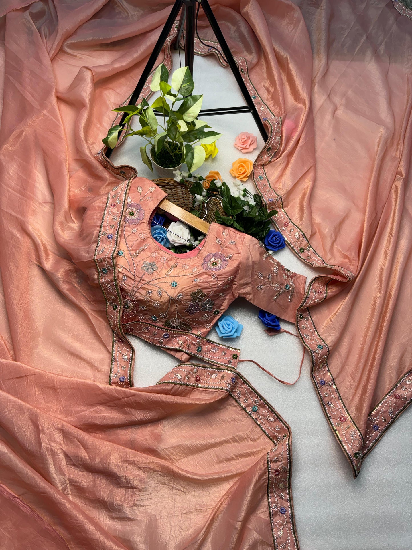 Hand-Embroidered Pure Silk Saree in Vibrant Peach Paired with a Heavily Embroidered Stitched Blouse