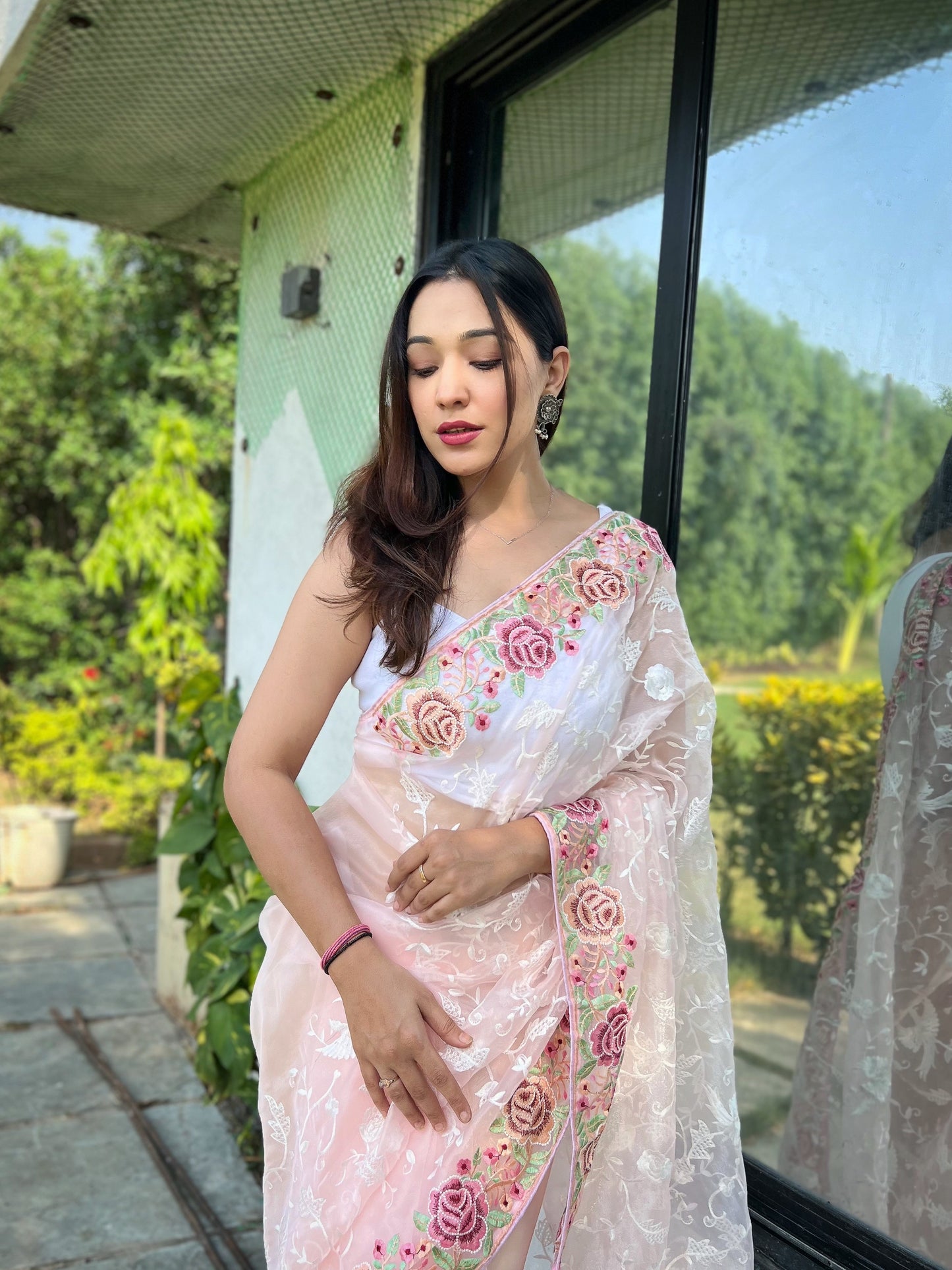 Hand-Embroidered Peach Pure Organza Silk Saree