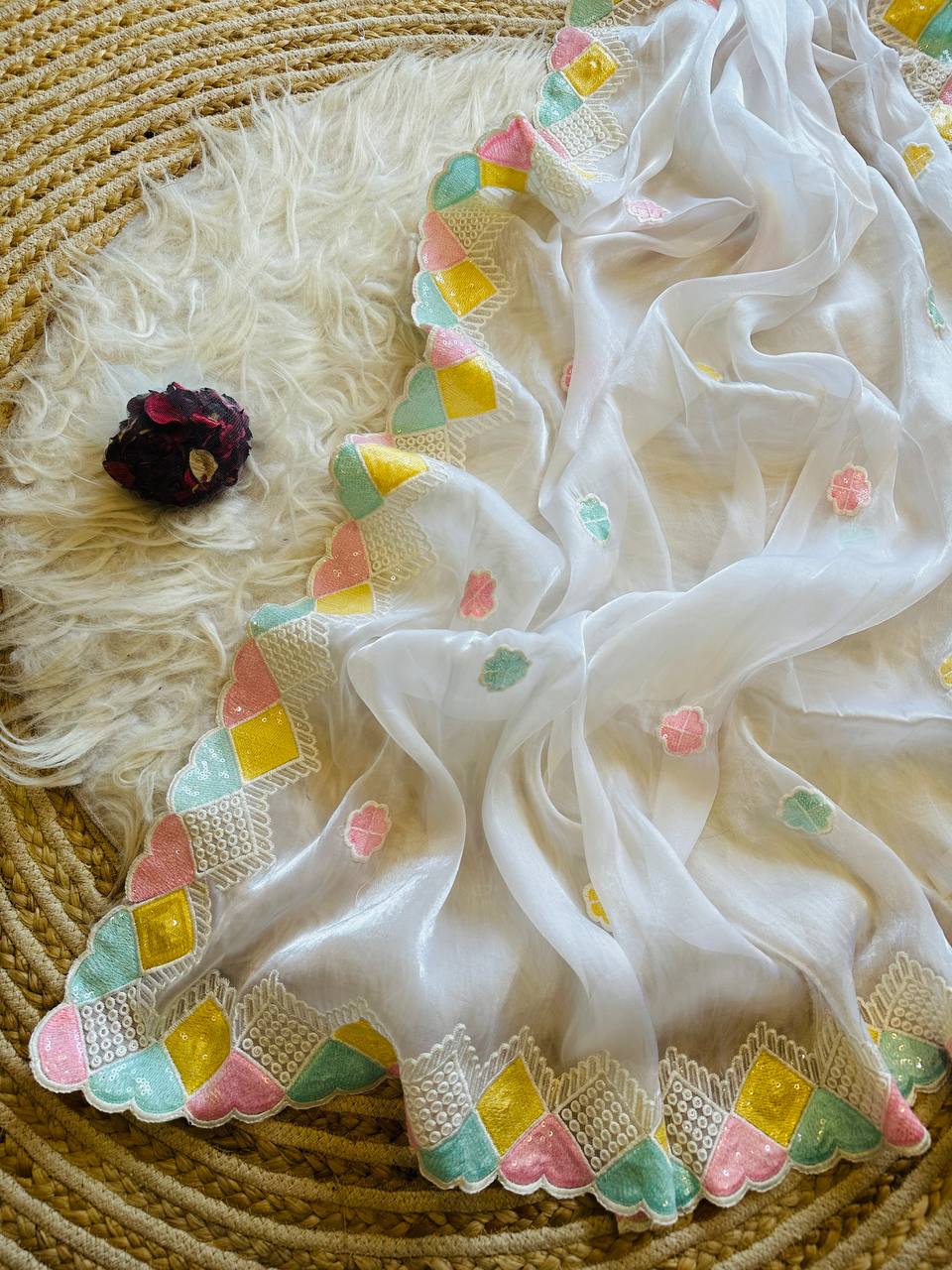 Hand-Embroidered in Multi-Colour Sequins, Pristine White Jimmy Choo Silk Saree