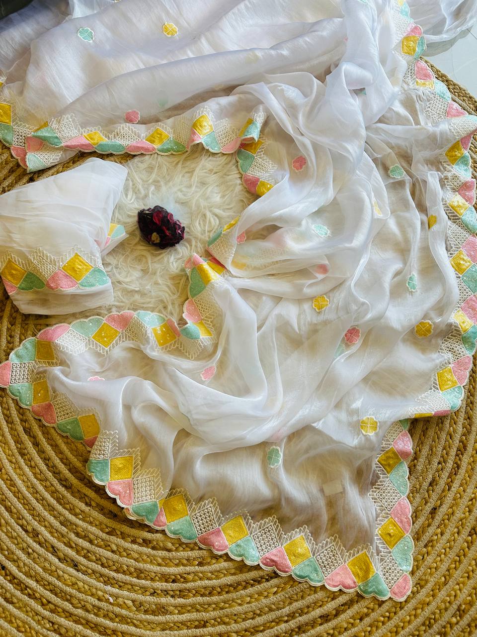 Hand-Embroidered in Multi-Colour Sequins, Pristine White Jimmy Choo Silk Saree