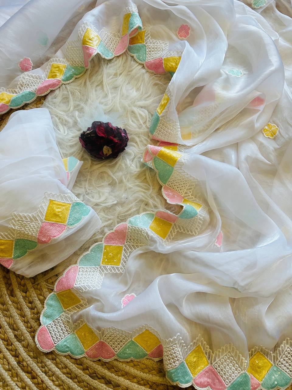 Hand-Embroidered in Multi-Colour Sequins, Pristine White Jimmy Choo Silk Saree