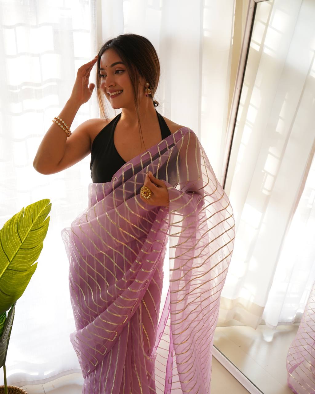Lavender Pure Organza Silk Saree in Silver Gotta work with Blouse