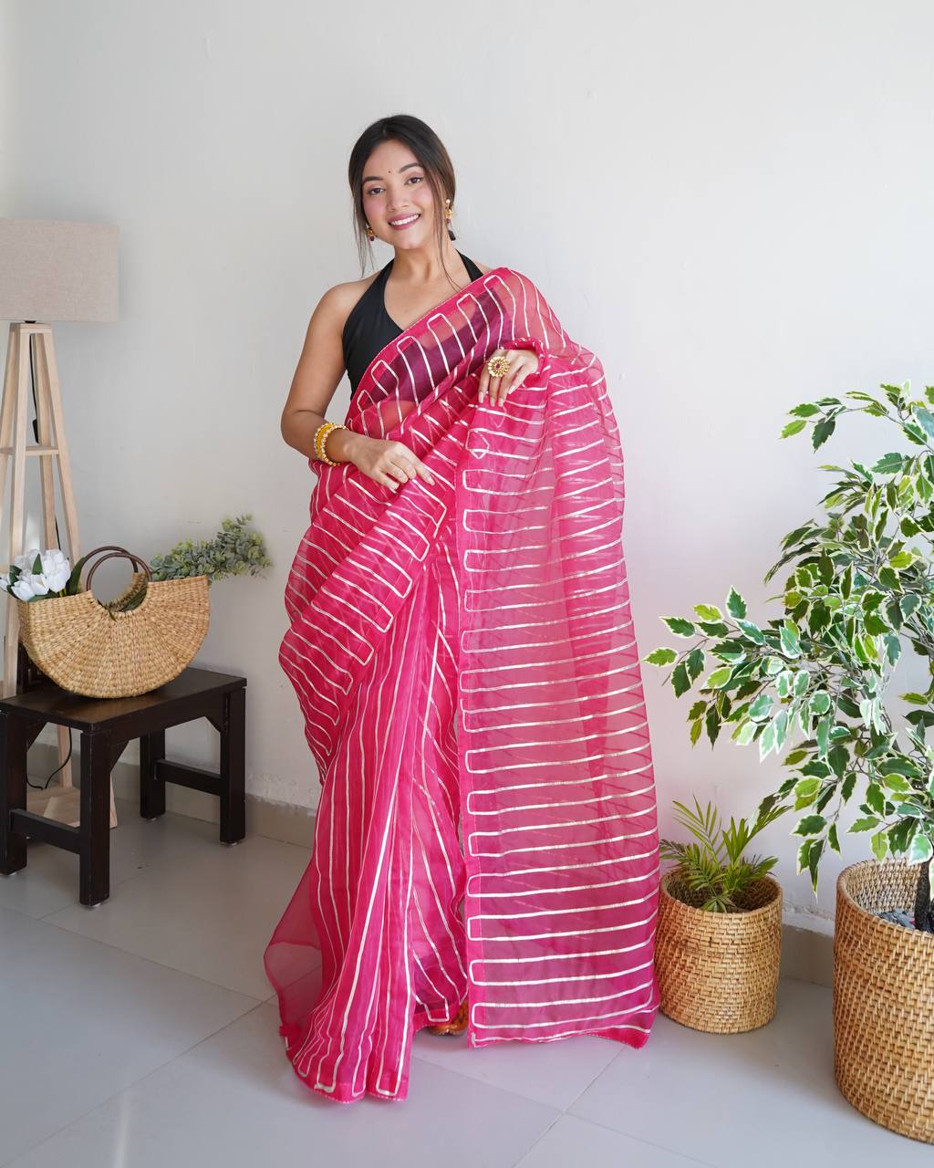 Pink Pure Organza Silk Saree in Silver Gotta work with Blouse