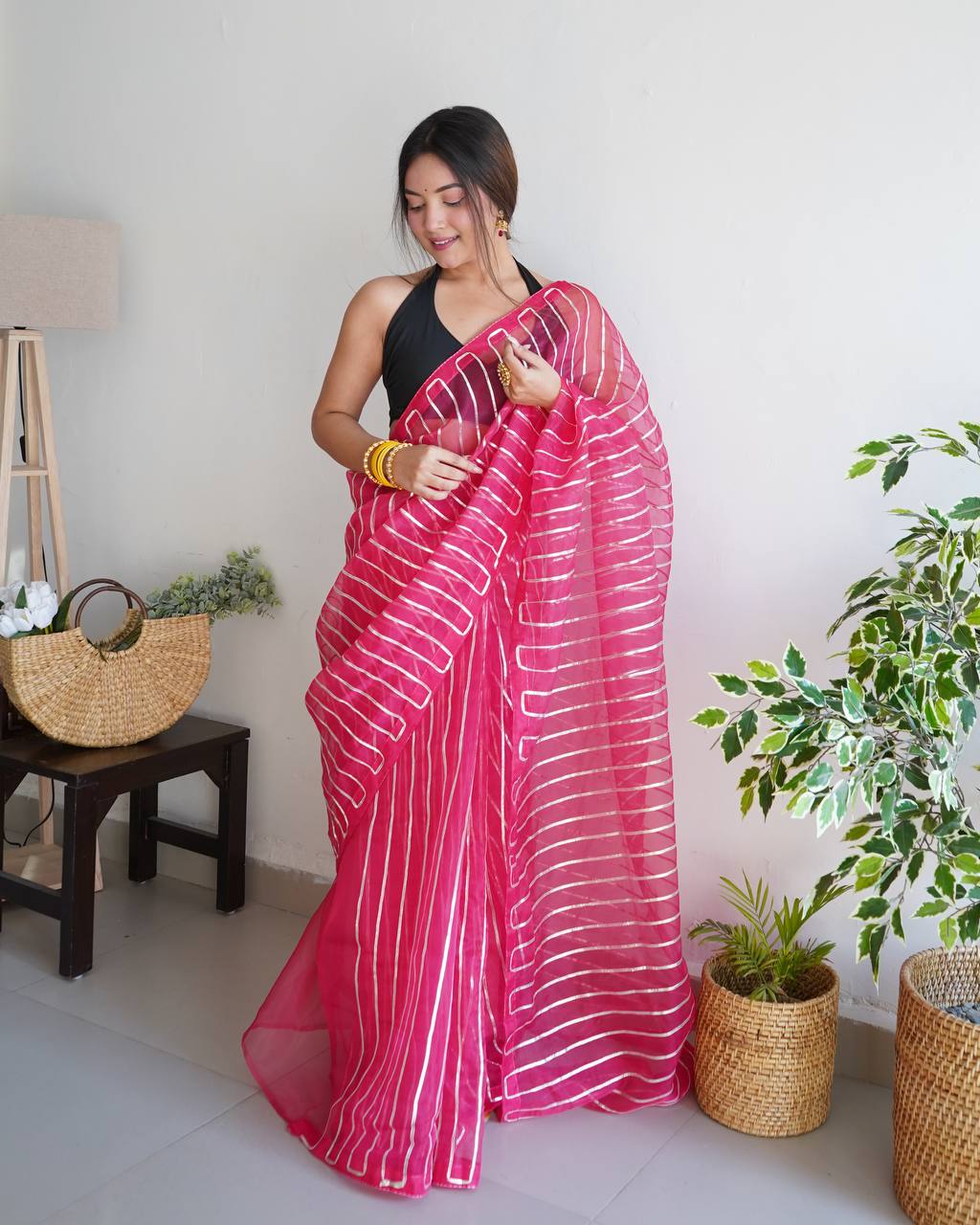 Pink Pure Organza Silk Saree in Silver Gotta work with Blouse