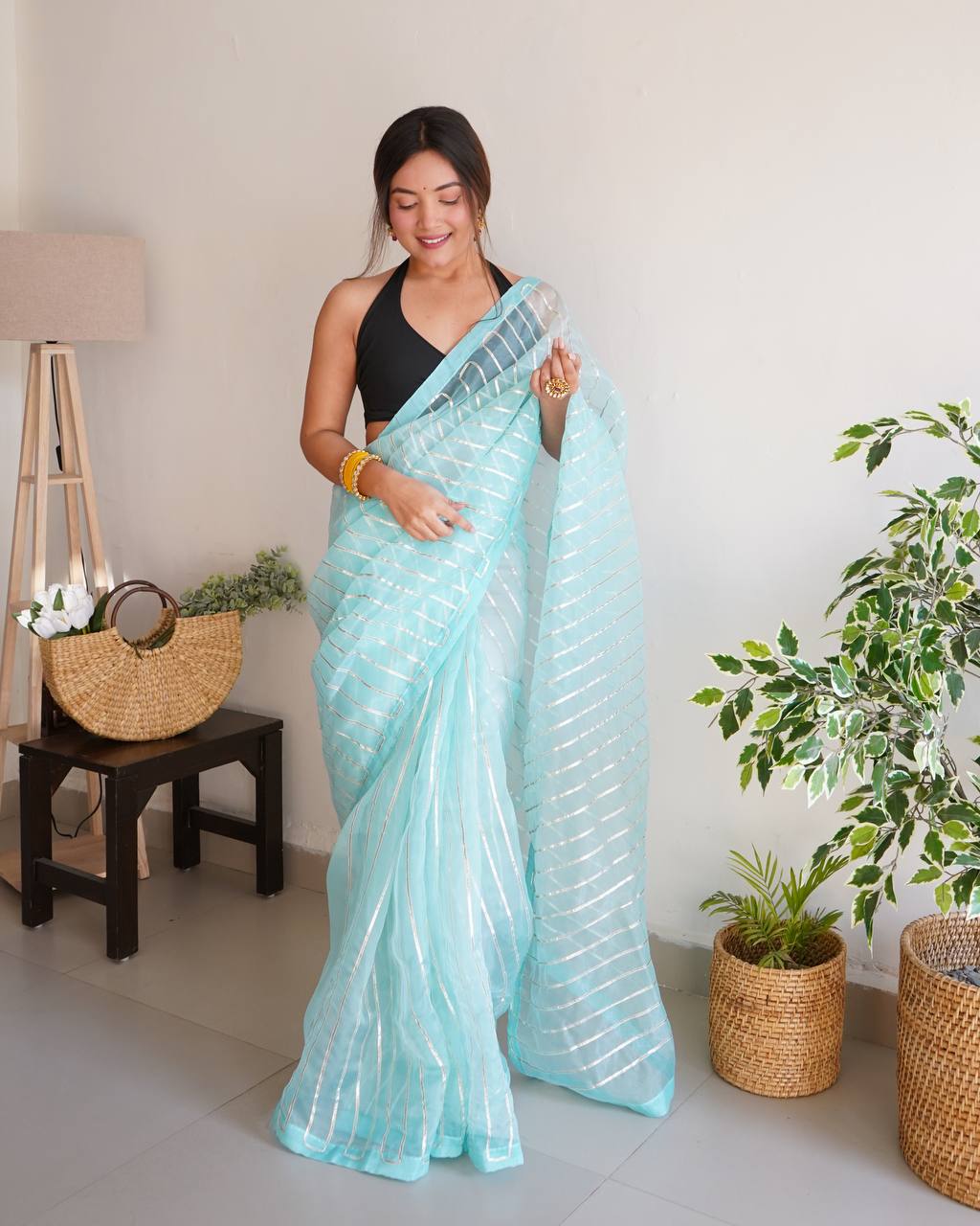 Sky-Blue Pure Organza Silk Saree in Silver Gotta work with Blouse