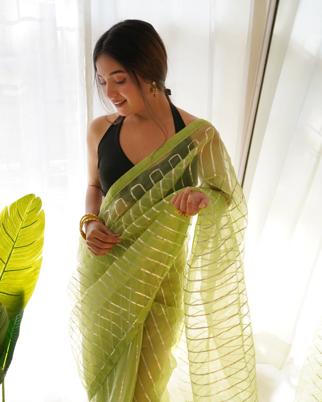 Green Pure Organza Silk Saree in Silver Gotta work with Blouse