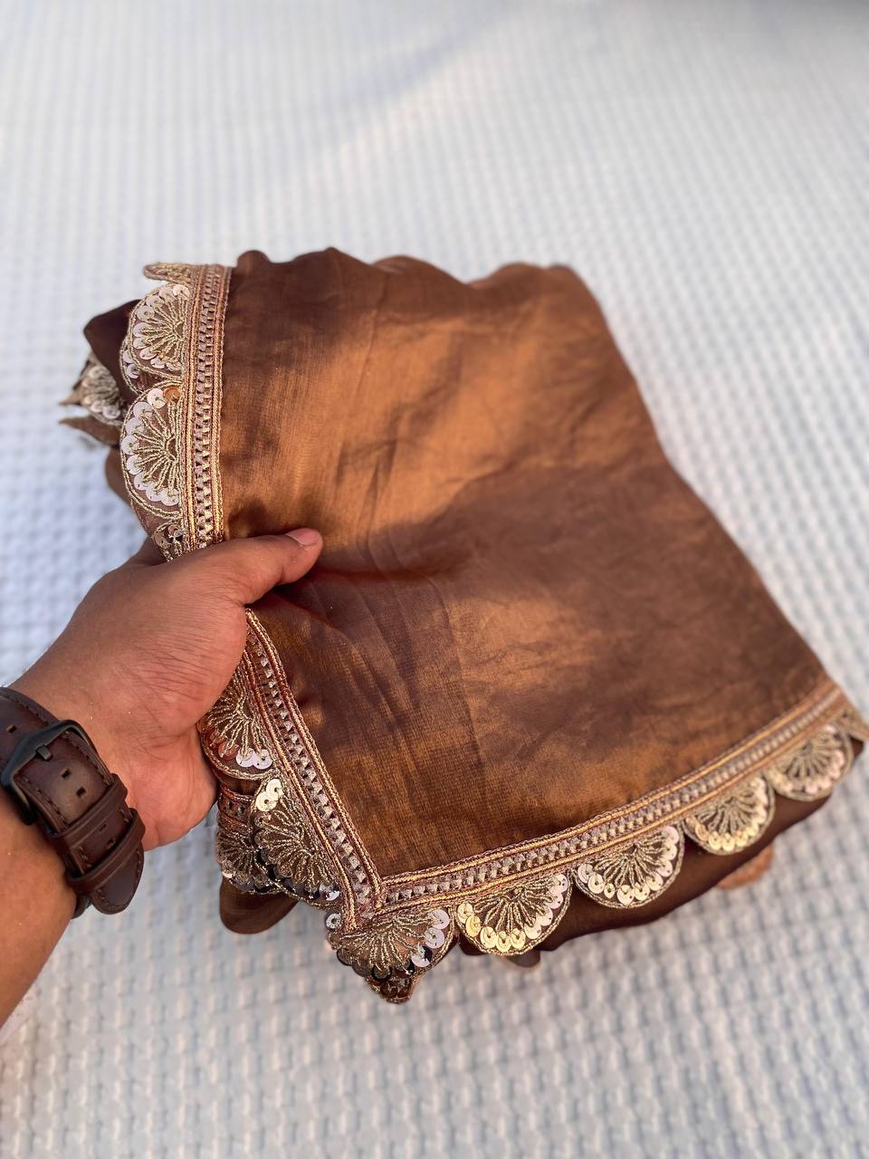 Hand-Embroidered Rich Brown Jimmy Choo Silk Saree with Blouse