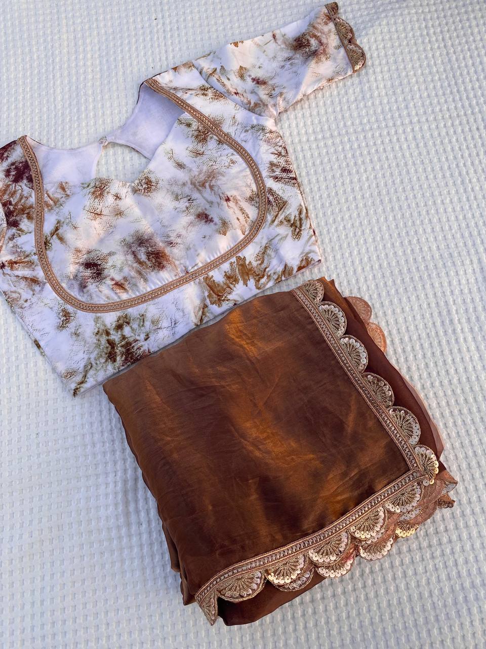 Hand-Embroidered Rich Brown Jimmy Choo Silk Saree with Blouse