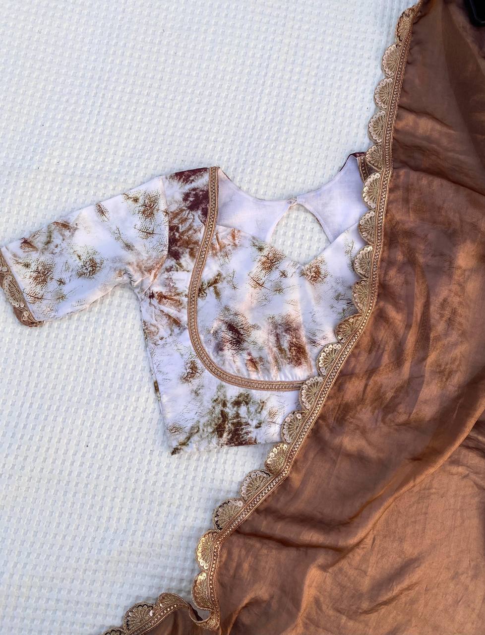 Hand-Embroidered Rich Brown Jimmy Choo Silk Saree with Blouse