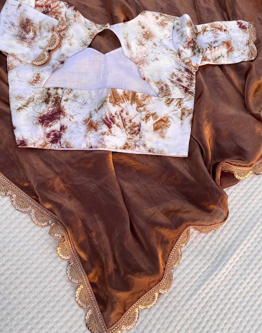 Hand-Embroidered Rich Brown Jimmy Choo Silk Saree with Blouse