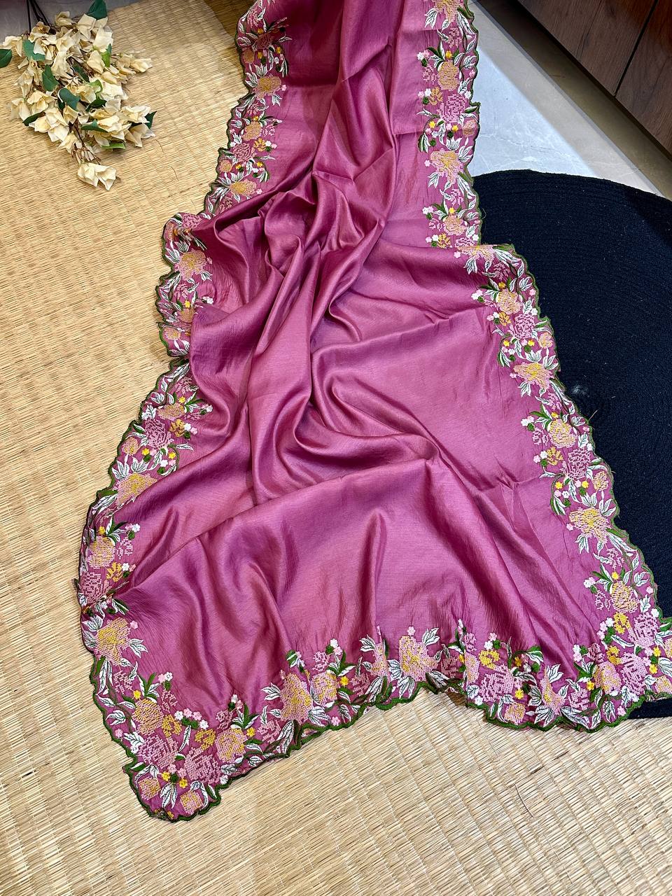 Hand-Embroidered Soft-Pink Pure Tussar Silk Saree with Blouse