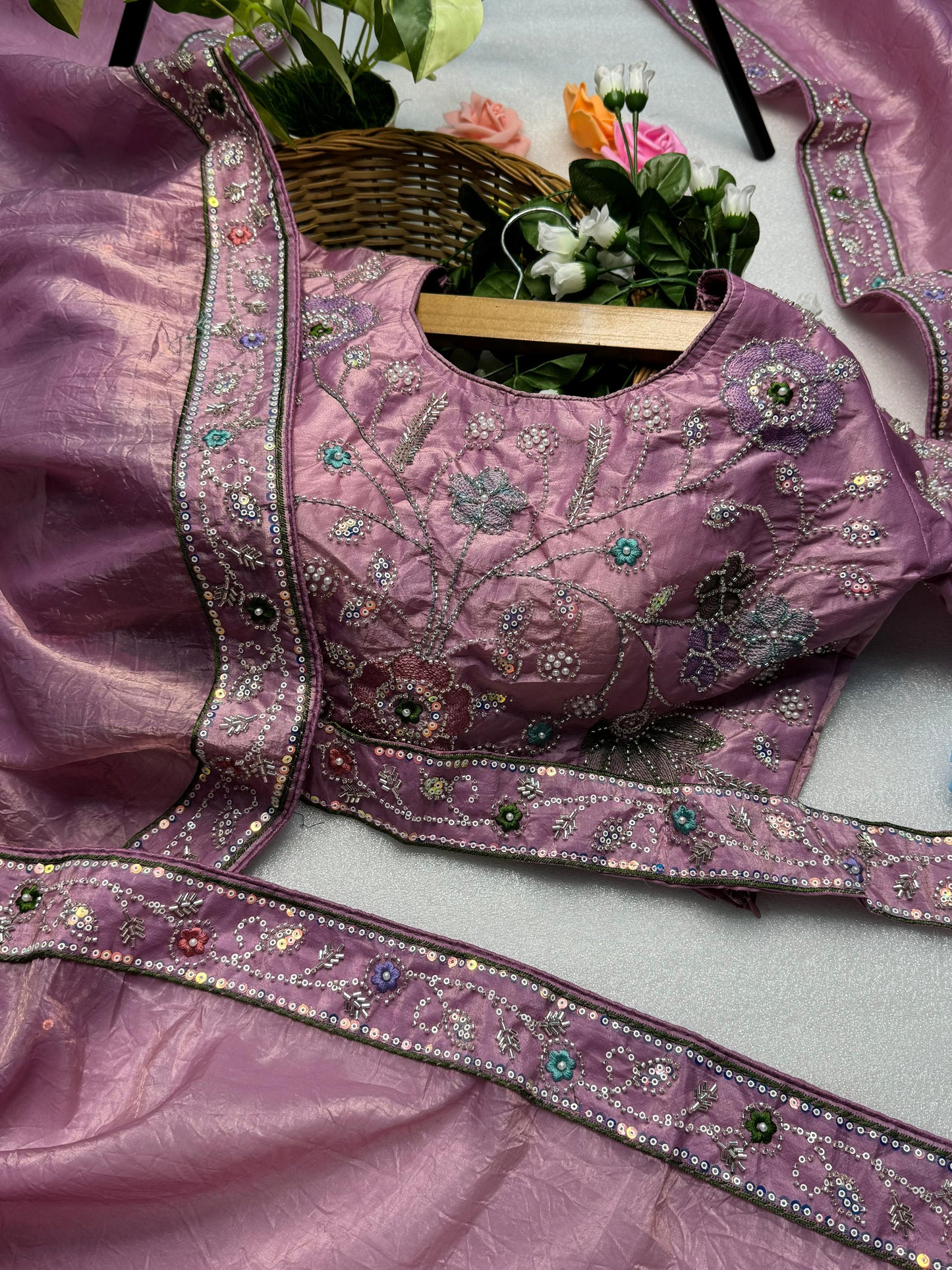 Hand-Embroidered Pure Silk Saree in Ravishing Pink Paired with a Heavily Embroidered Stitched Blouse