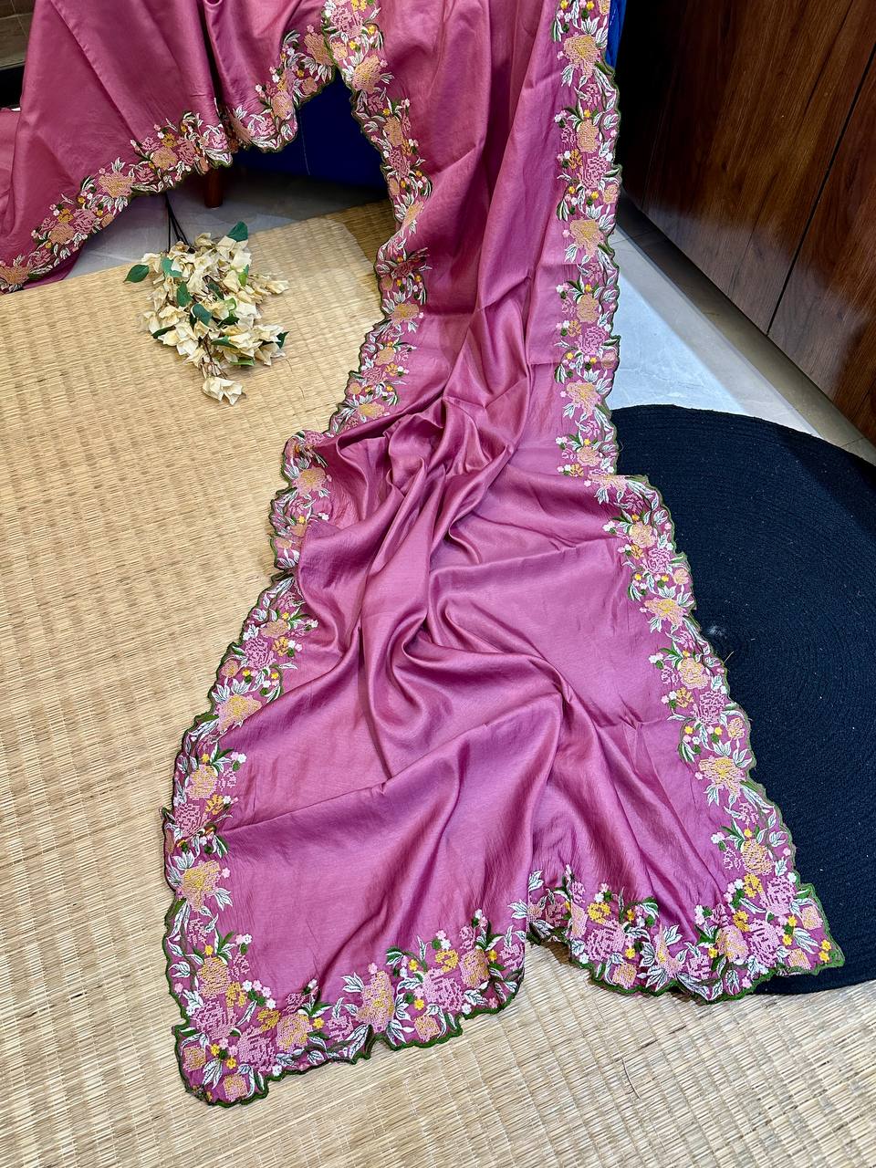 Hand-Embroidered Soft-Pink Pure Tussar Silk Saree with Blouse