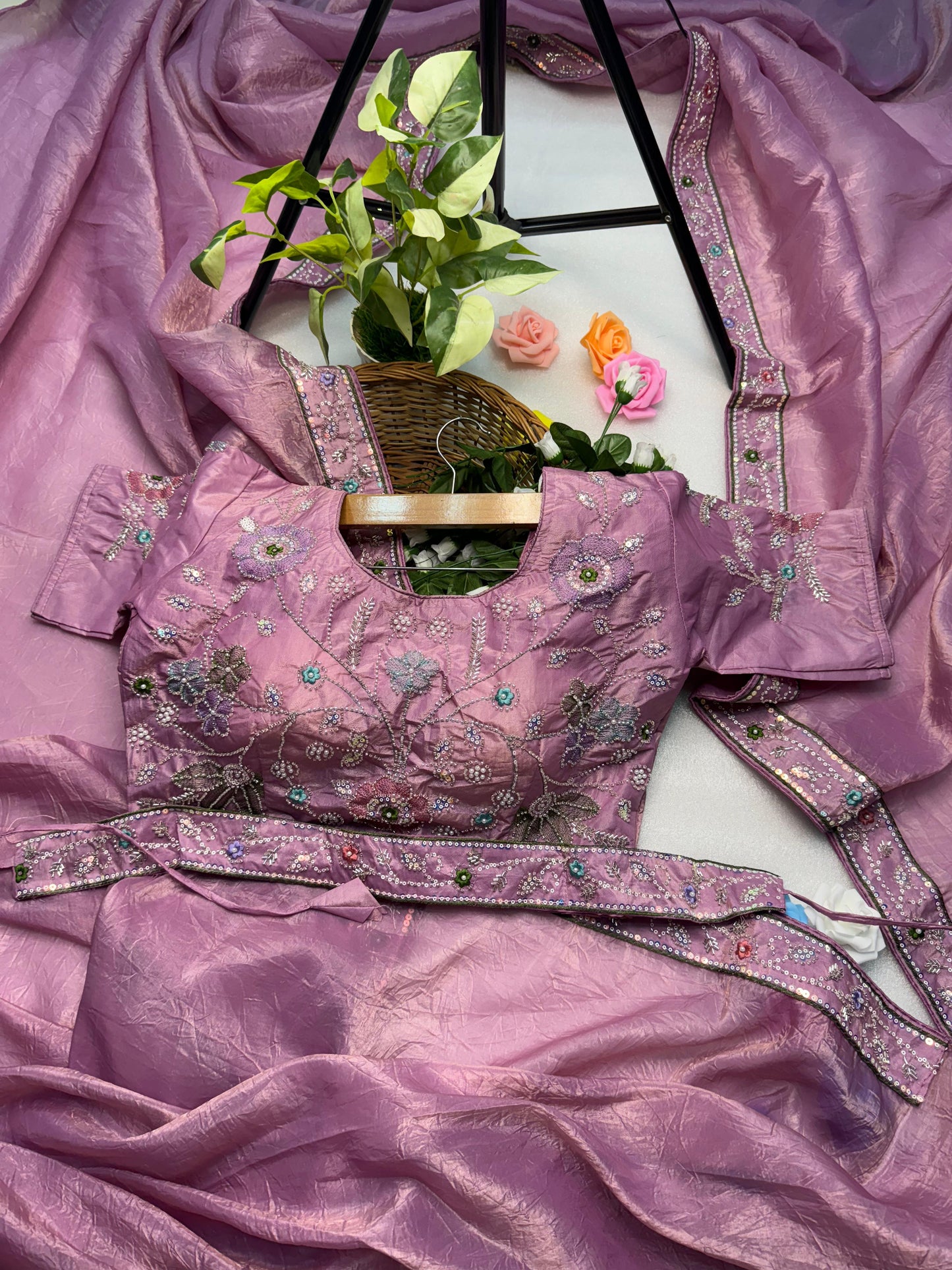 Hand-Embroidered Pure Silk Saree in Ravishing Pink Paired with a Heavily Embroidered Stitched Blouse
