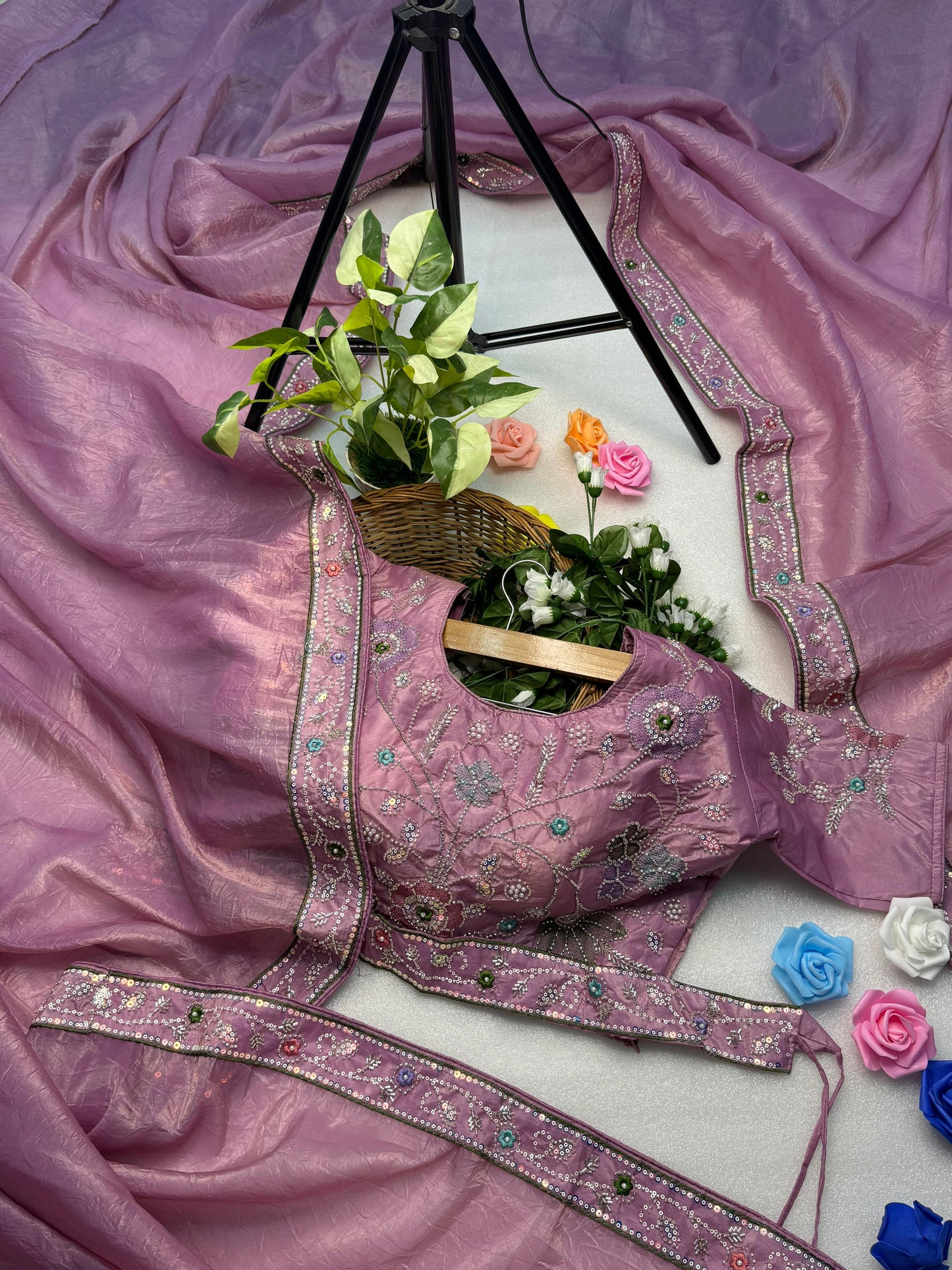 Hand-Embroidered Pure Silk Saree in Ravishing Pink Paired with a Heavily Embroidered Stitched Blouse
