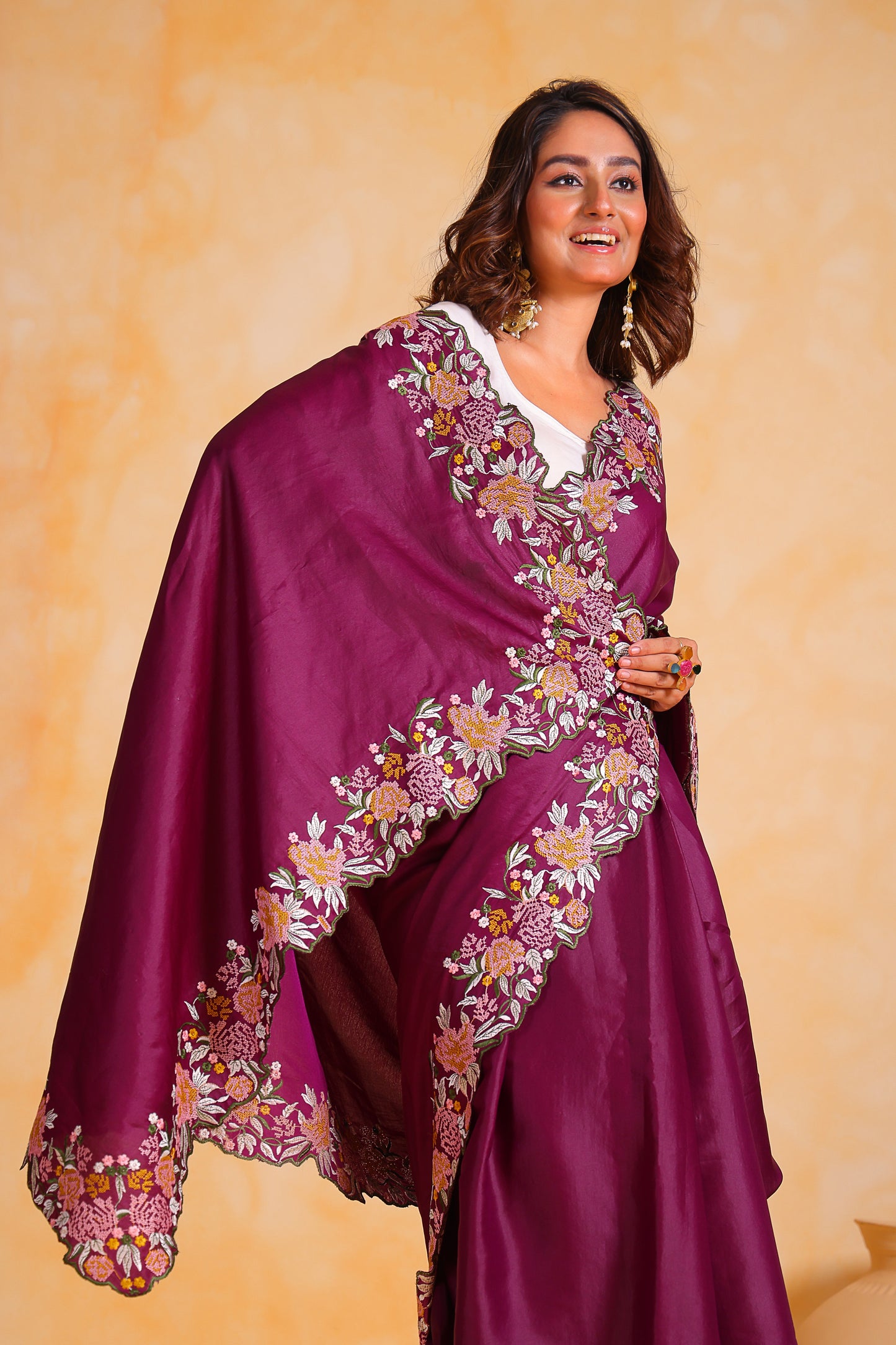 Hand-Emnroidered Royal Purple Pure Tussar Silk Saree with Blouse