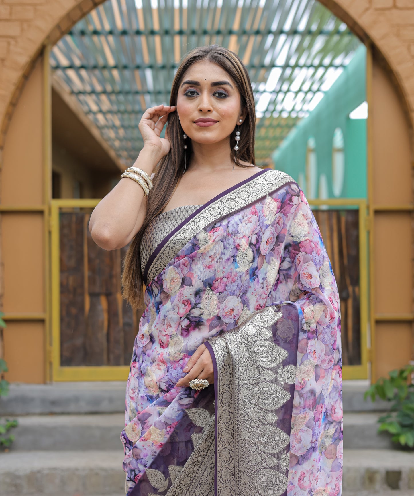 Pure Georgette Light-Purple saree in Digital-Print with Violet Heavy Zari Border and Tassels paired with Blouse