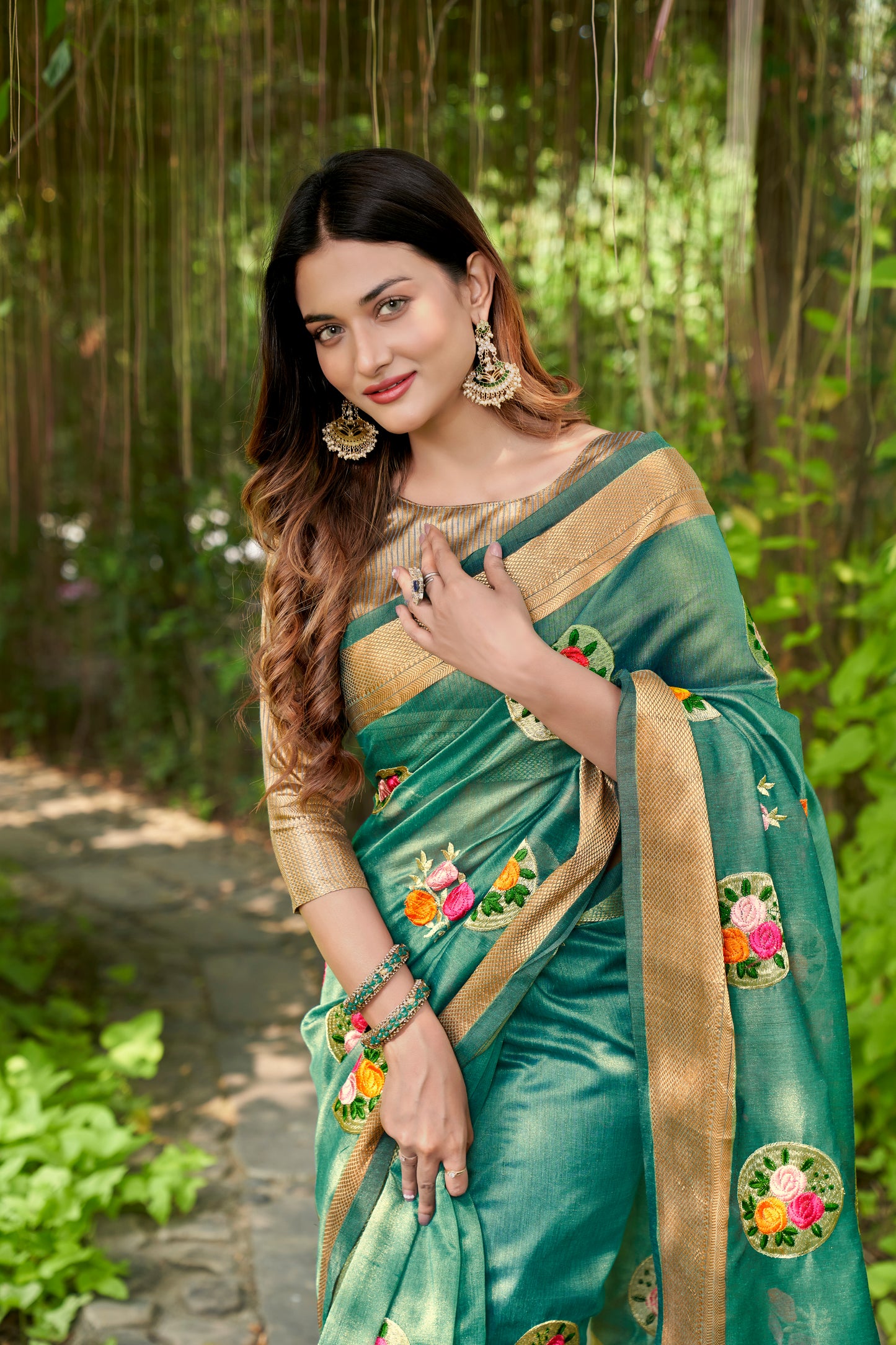 Hand Emboidered Dark-Green Pure Cotton-Silk saree with Zari Border paired with Blouse