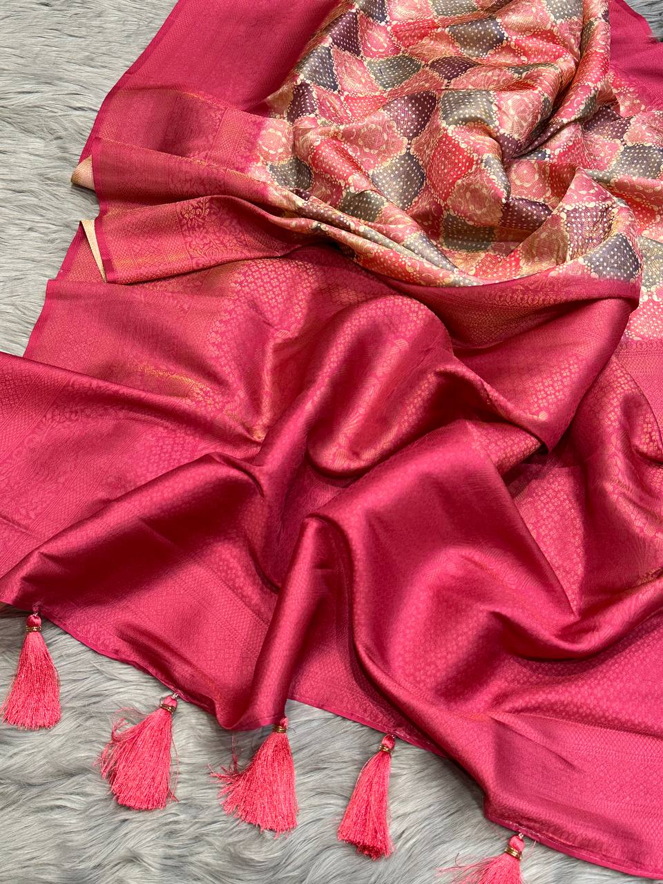 Handloom Charming Rani-Pink-Golden Soft Banarasi Saree with Royal Tassels comes with Blouse