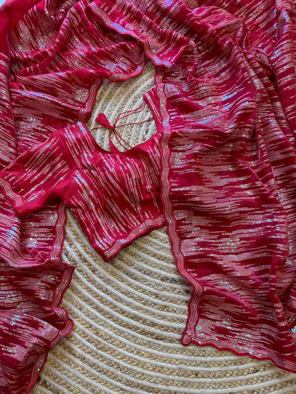 Hand-Embroidered Bold Red Jimmy Choo Saree with Blouse
